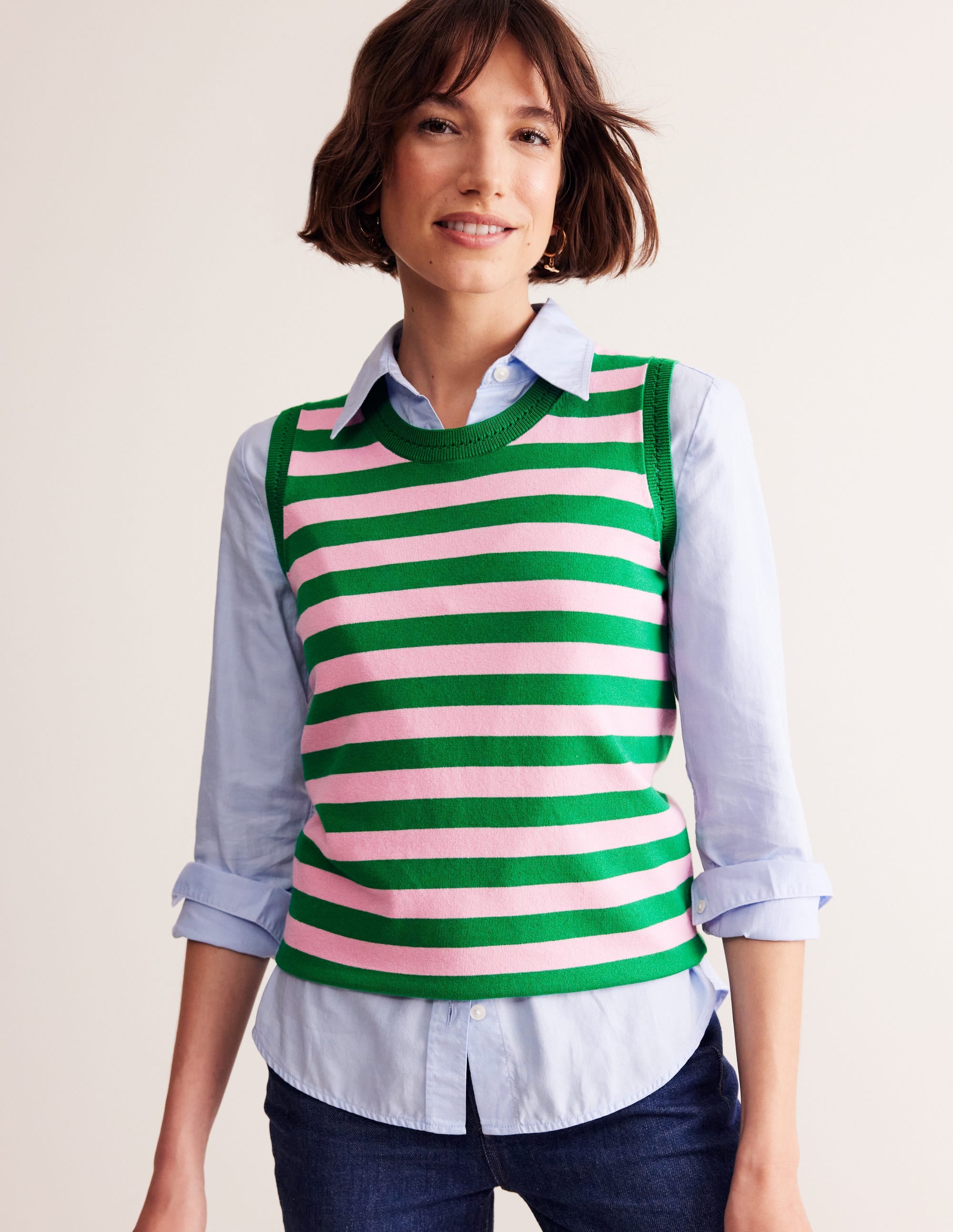 Catriona Crew Neck Cotton Tank-Old Rose, Rich Emerald Green - Image 1