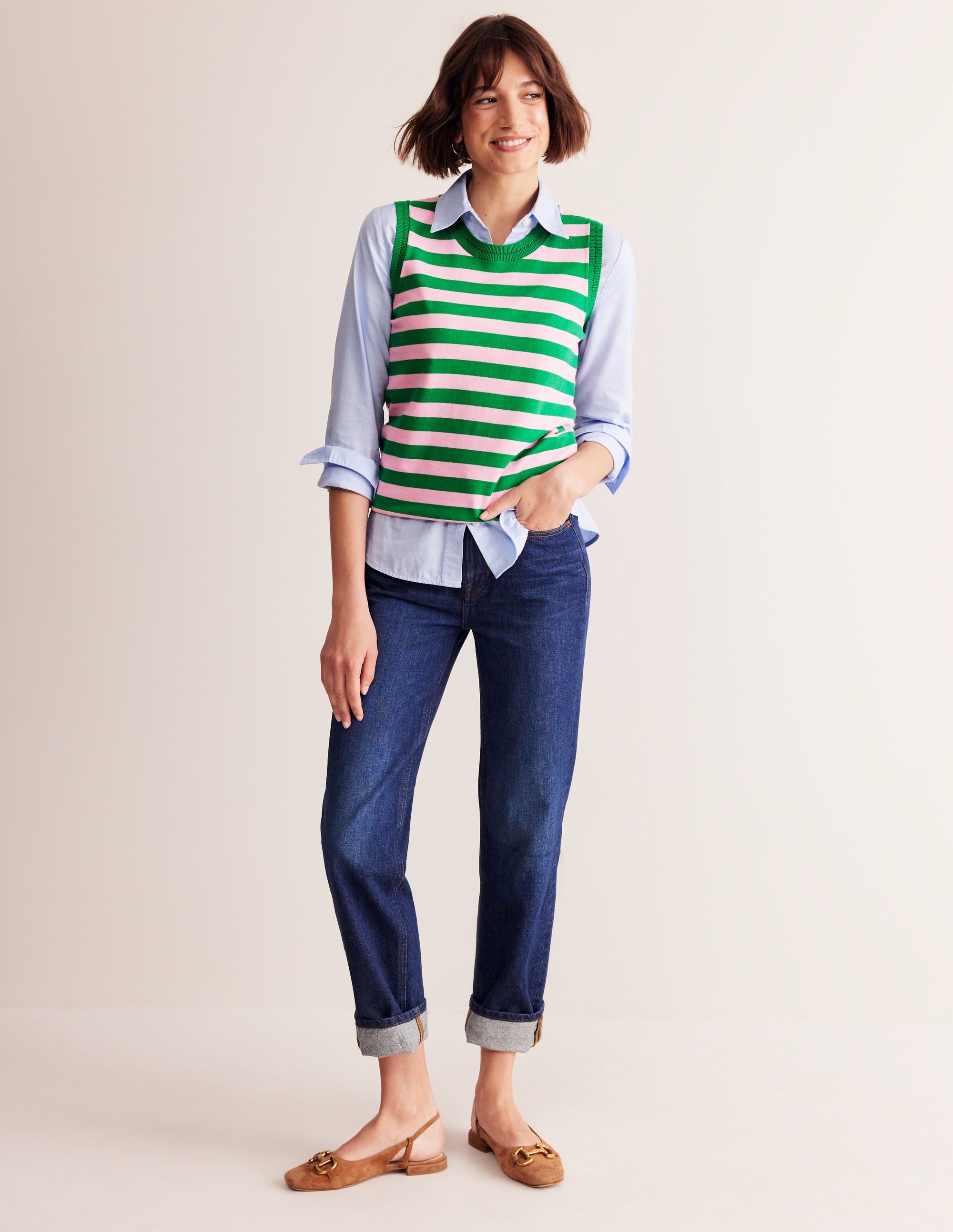 Catriona Crew Neck Cotton Tank-Old Rose, Rich Emerald Green - Image 4