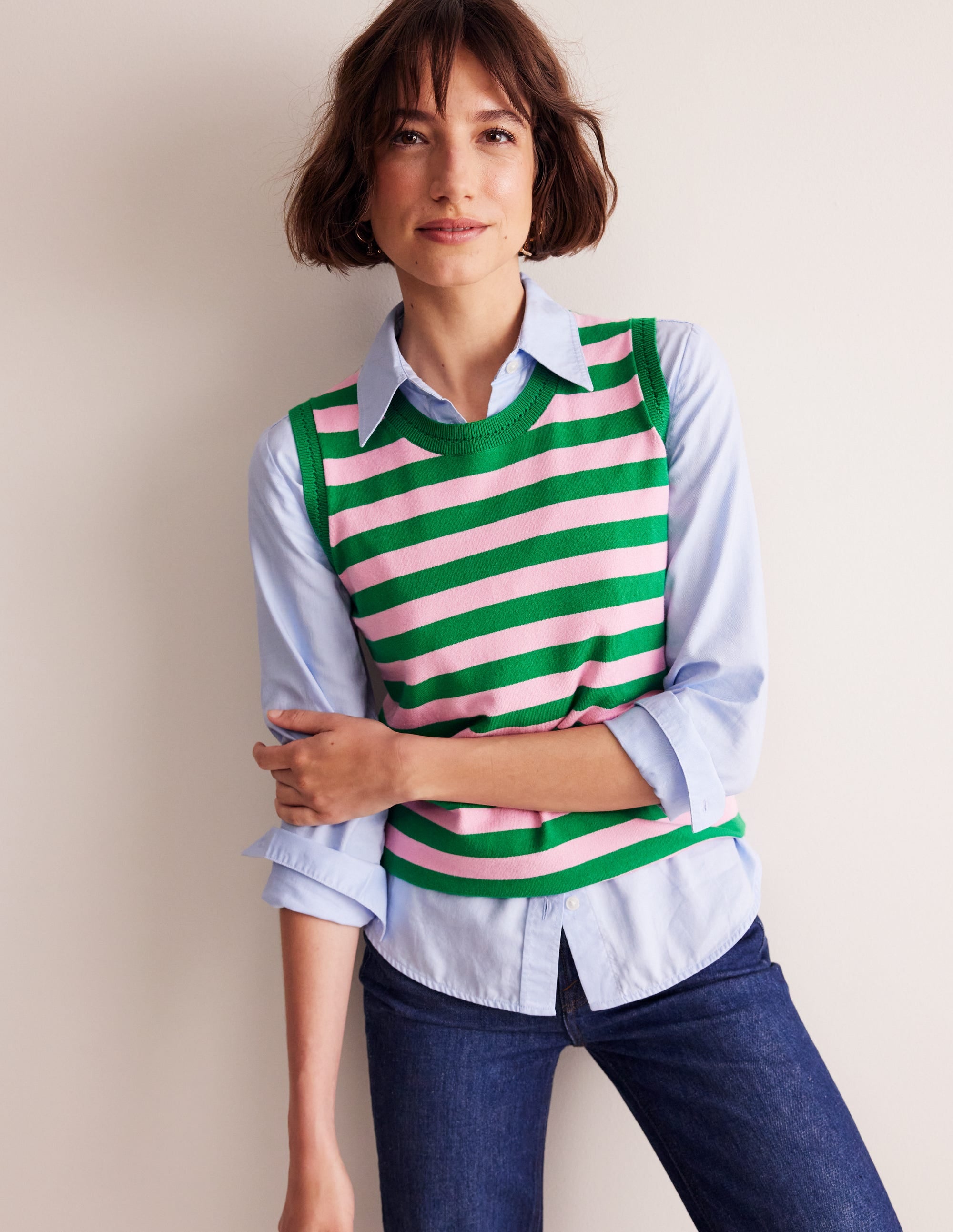 Catriona Crew Neck Cotton Tank-Old Rose, Rich Emerald Green - Image 5