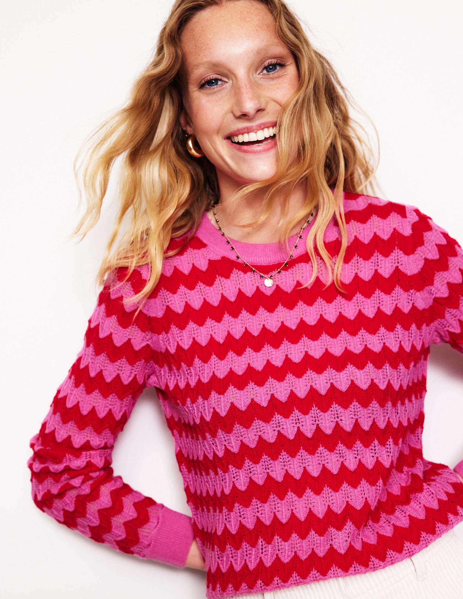 Flauschiger Pullover mit Struktur und Ziernaht-Rosa/Rot-4
