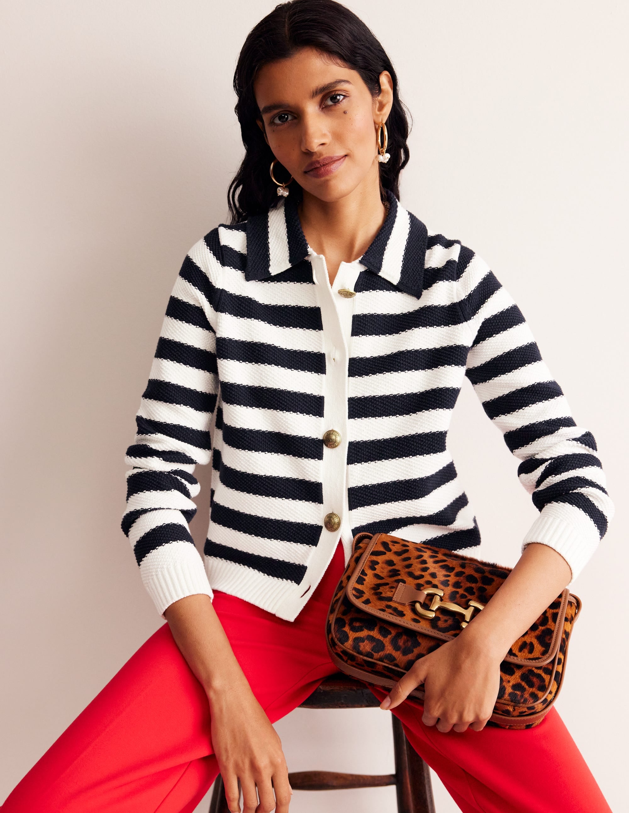 Strickjacke mit Kragen-Französisches Navy/Naturweiß, Gestreift - Image 1