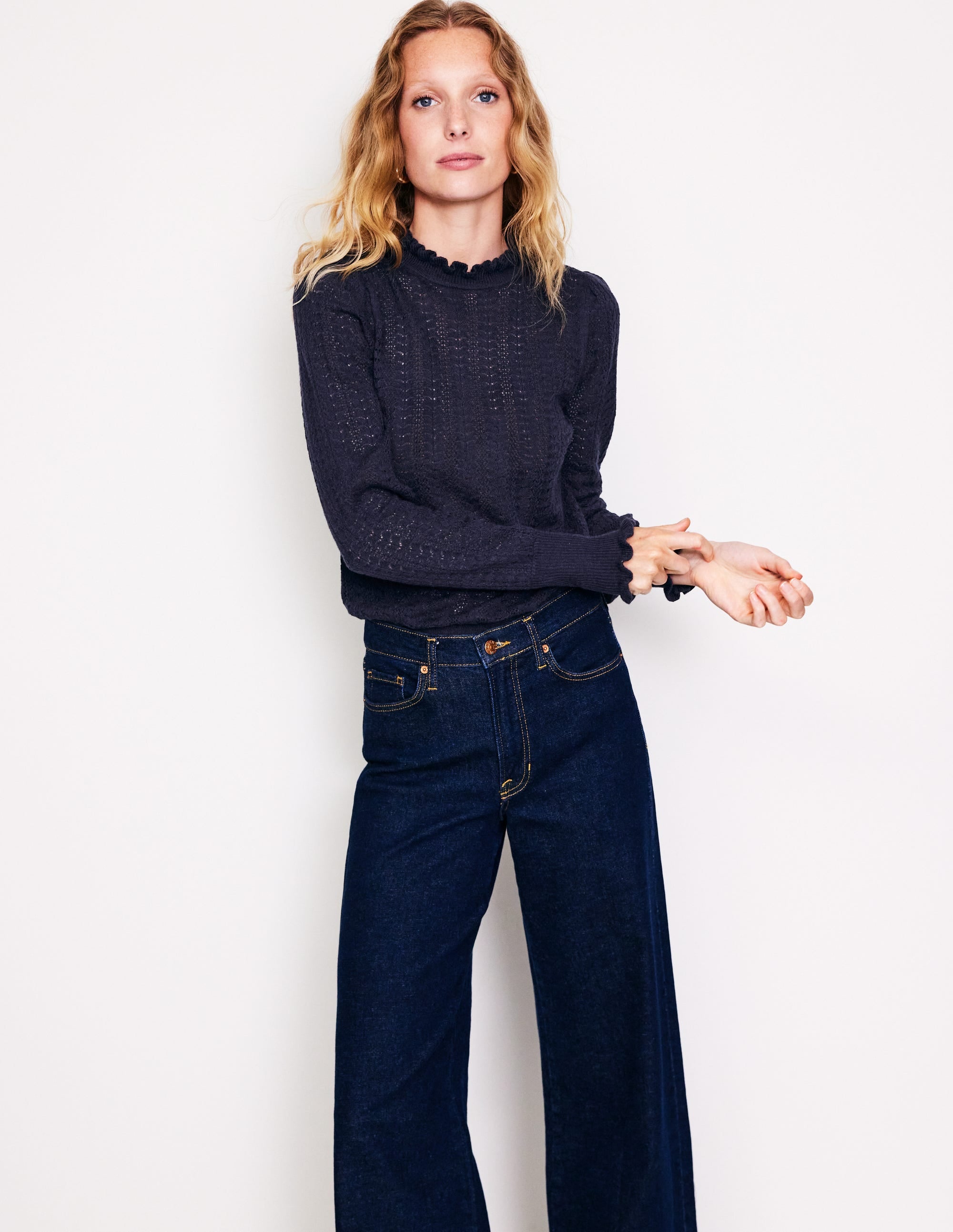 Tia Pointelle Frilled Jumper-Navy - Image 1