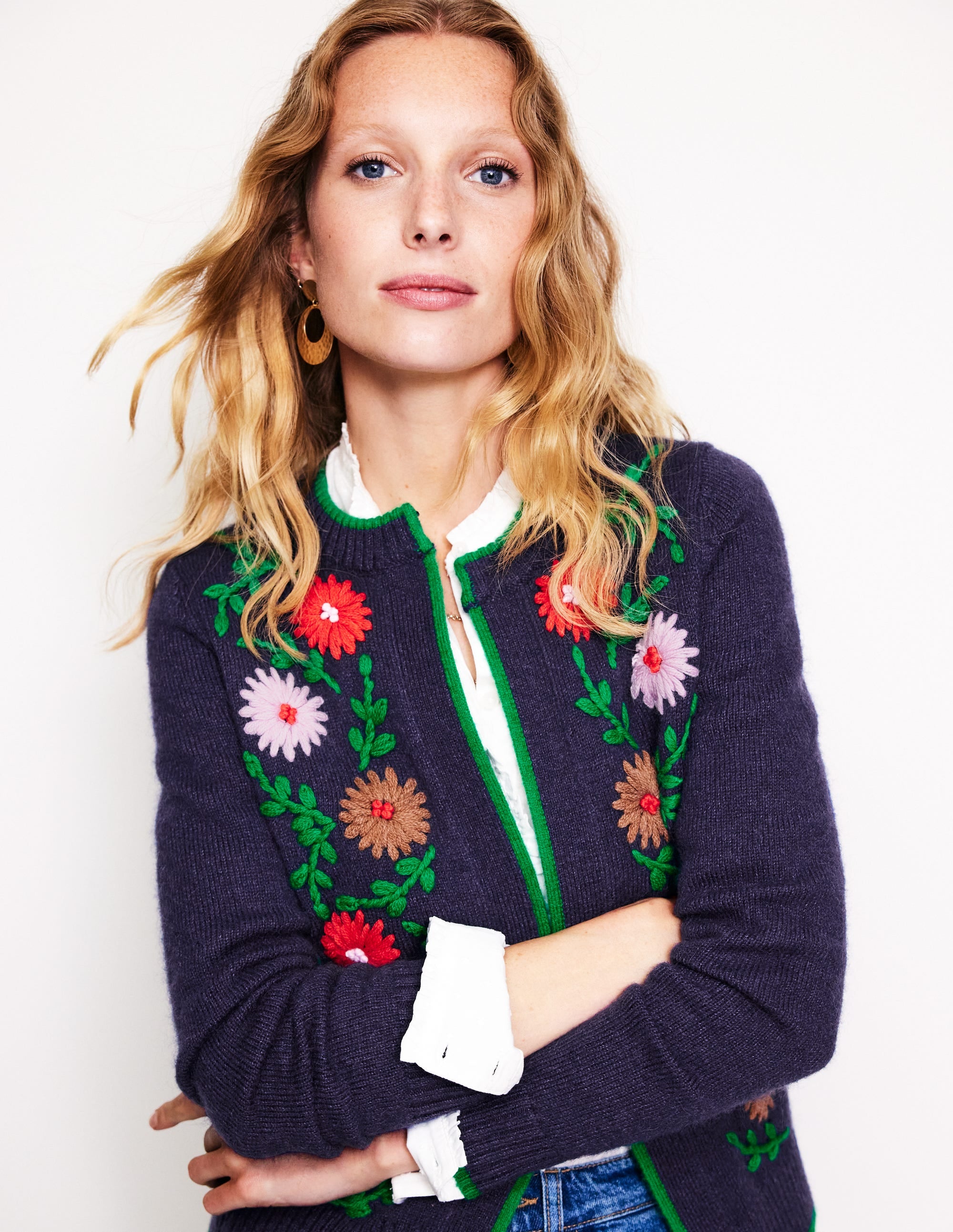 Cardigan brodé de fleurs-Bleu Marine, Petits Pois - Image 1