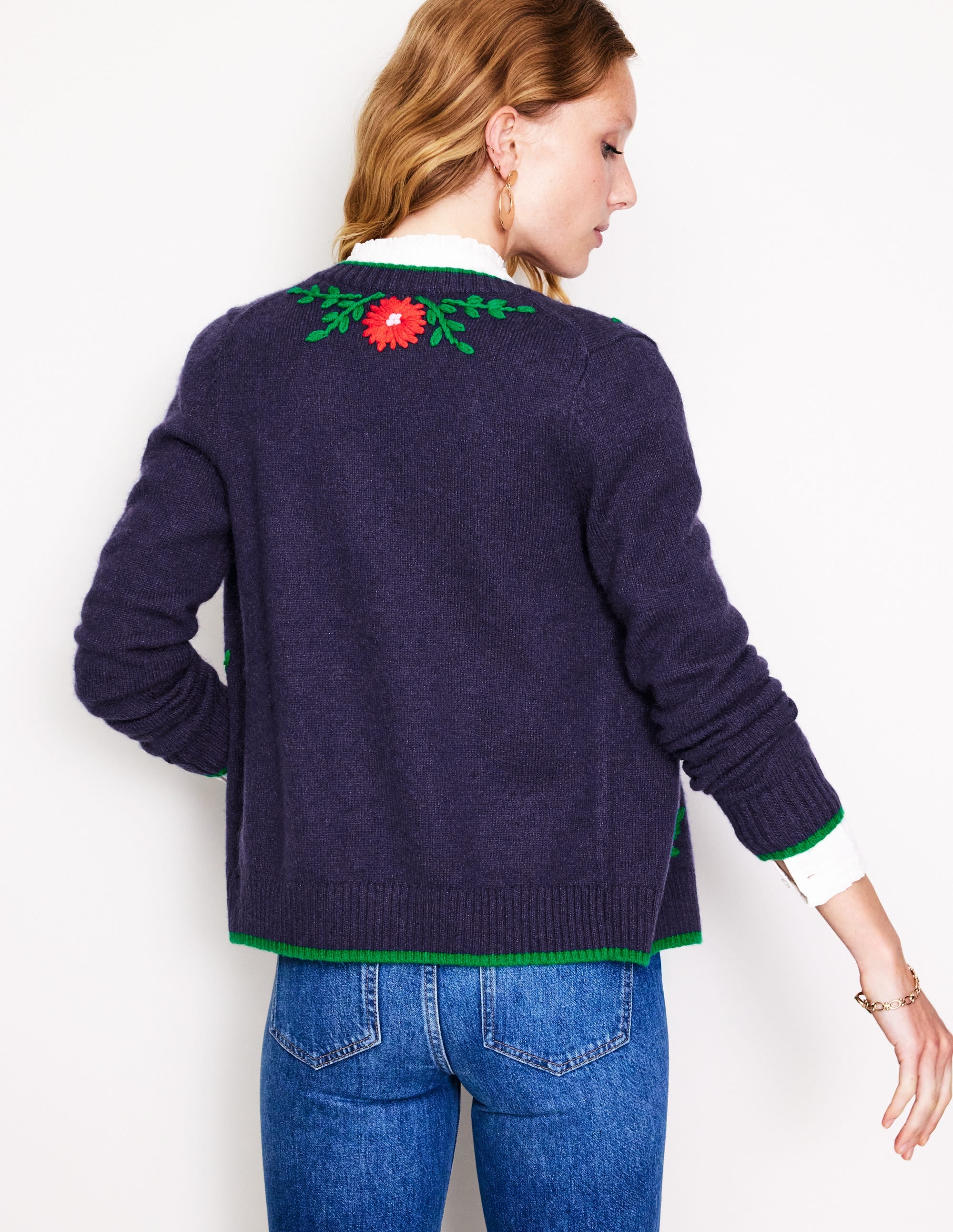 Cardigan brodé de fleurs-Bleu Marine, Petits Pois - Image 3