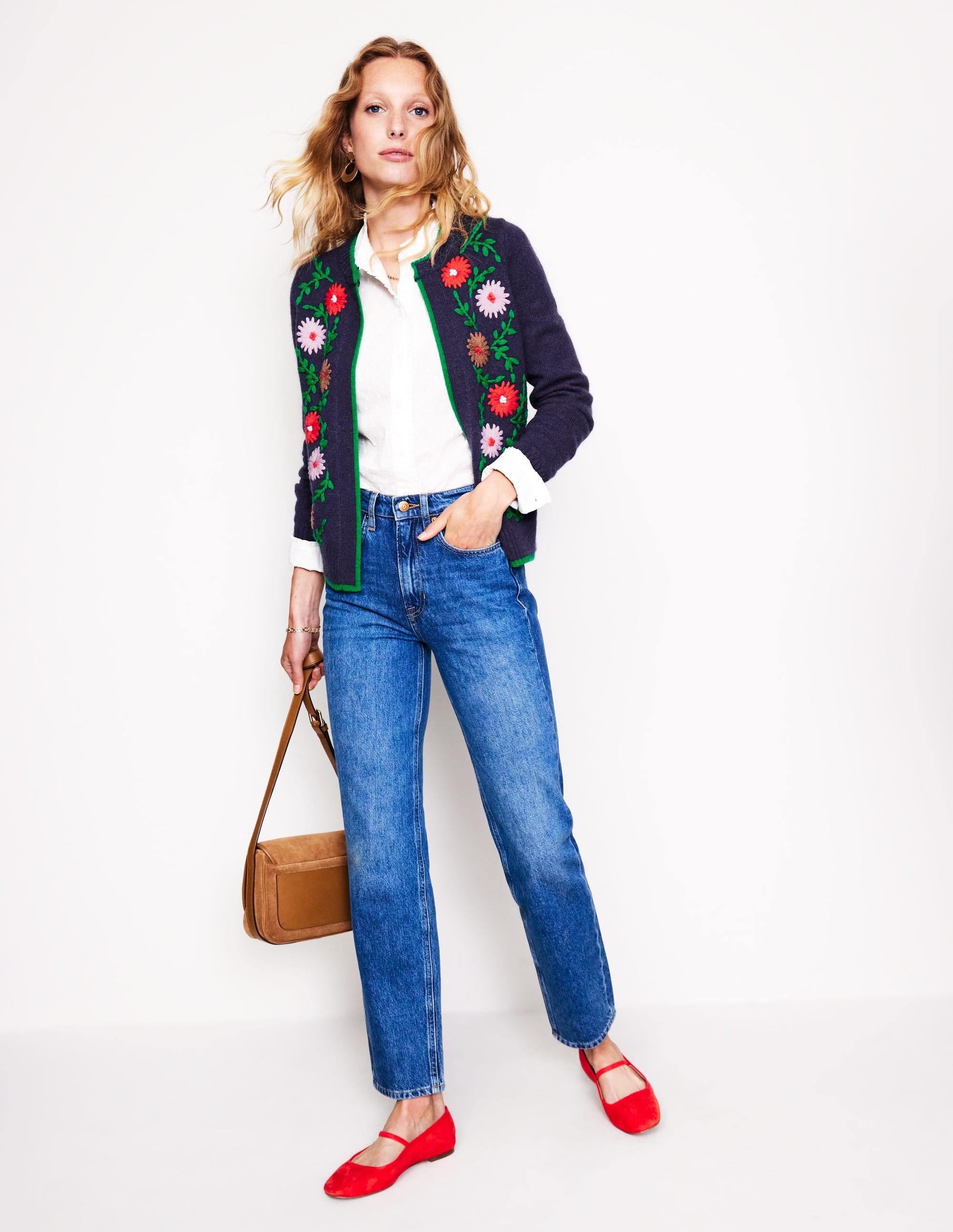 Cardigan brodé de fleurs-Bleu Marine, Petits Pois - Image 4
