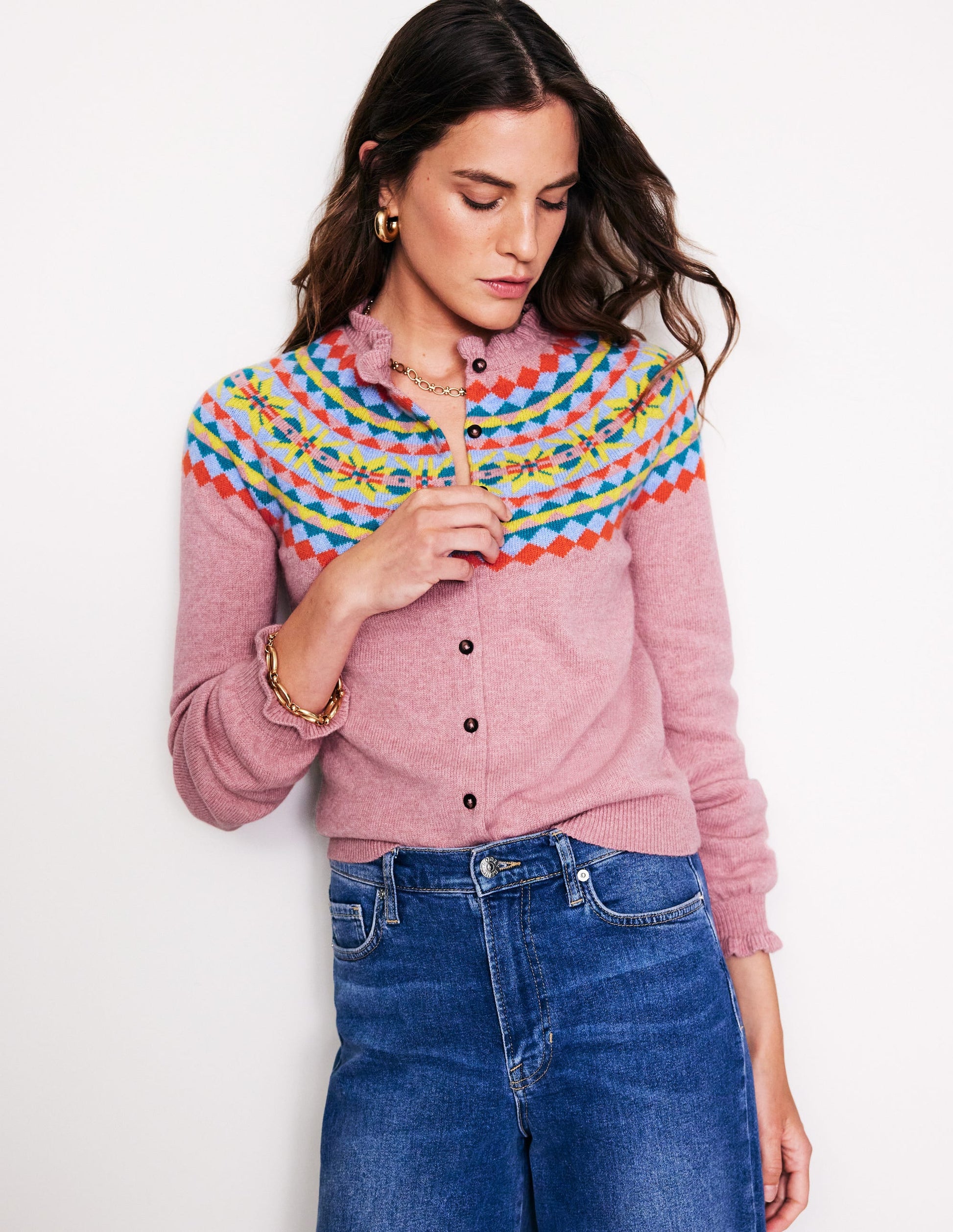 Cardigan Fae à volants et motif jacquard-Pink Icing-1