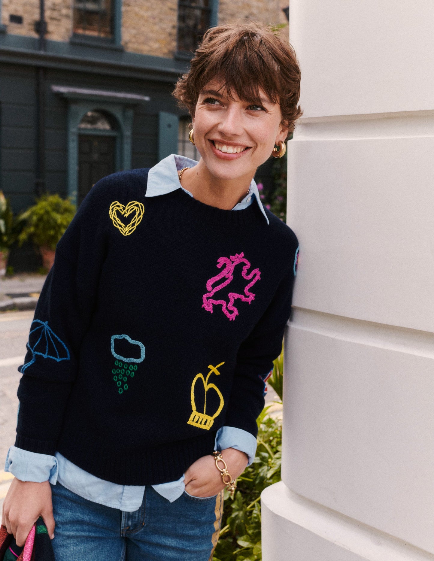 Natalie Embroidered Jumper-Navy, British Icons