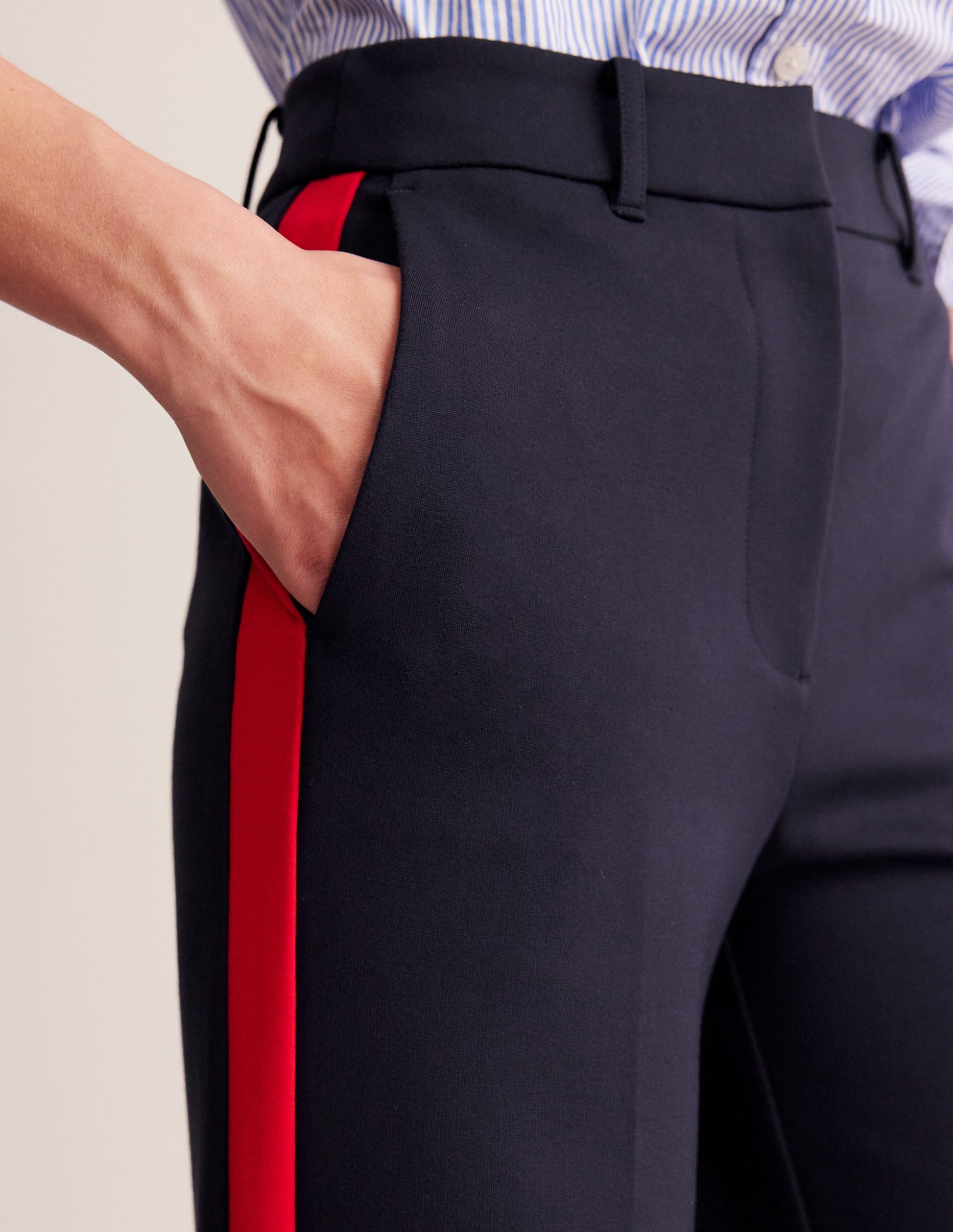 Pantalon Westbourne en point de Rome-Bleu marine à rayures latérales-2