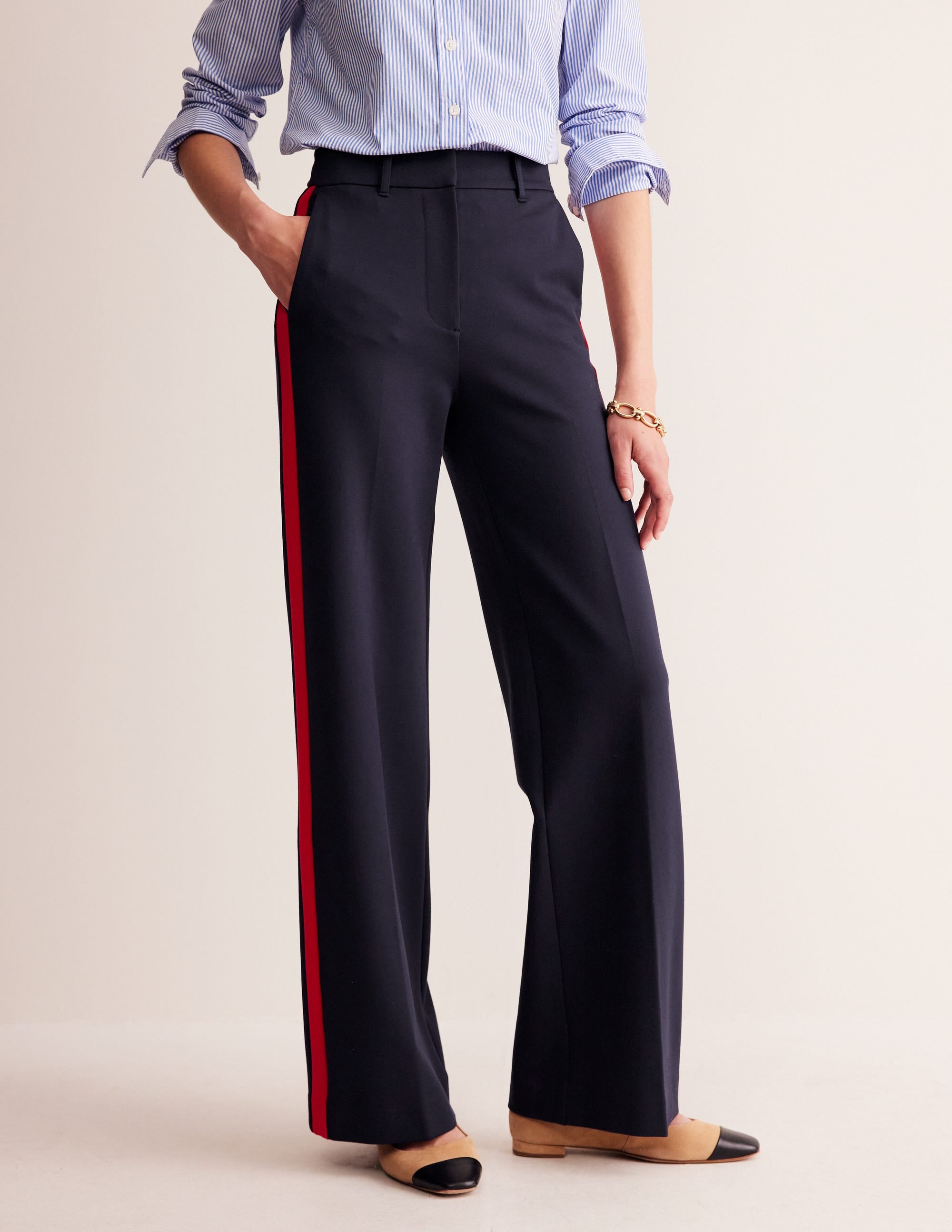 Pantalon Westbourne en point de Rome-Bleu marine à rayures latérales - Image 4