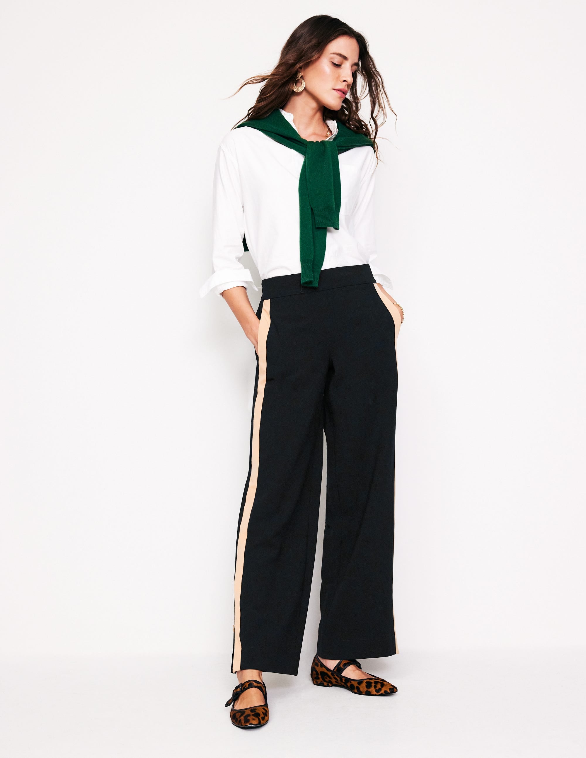 Pull On Side Stripe Trousers-Black with Camel Stripe - Image 4