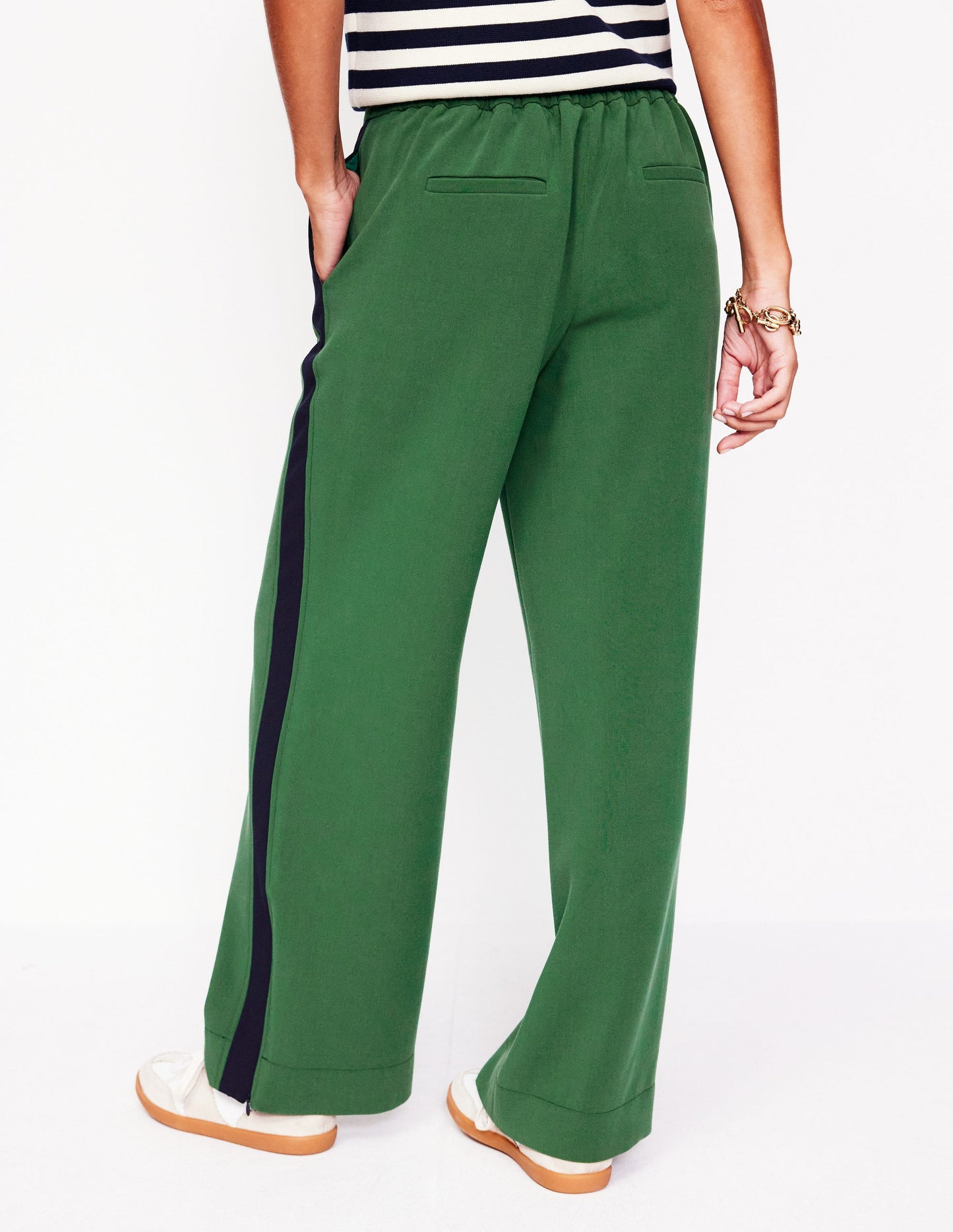 Pull On Side Stripe Trousers-Pine with Navy Stripe