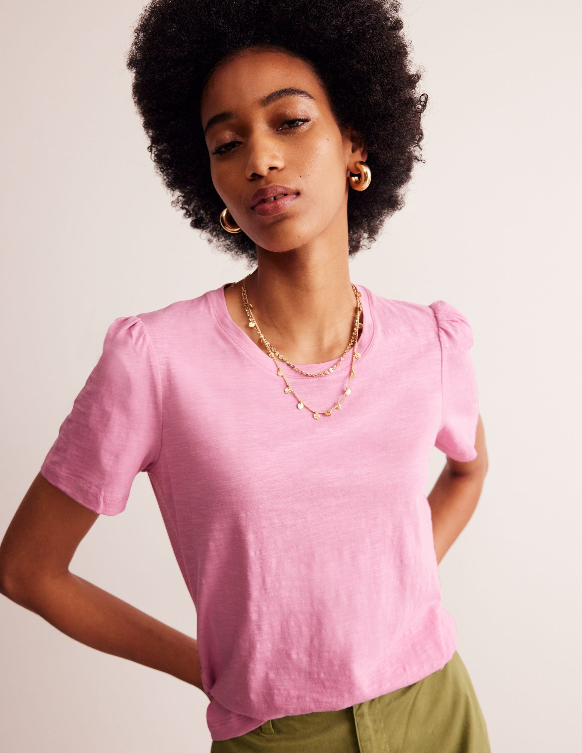 T-shirt en coton à manches bouffantes-Vieux rose-4