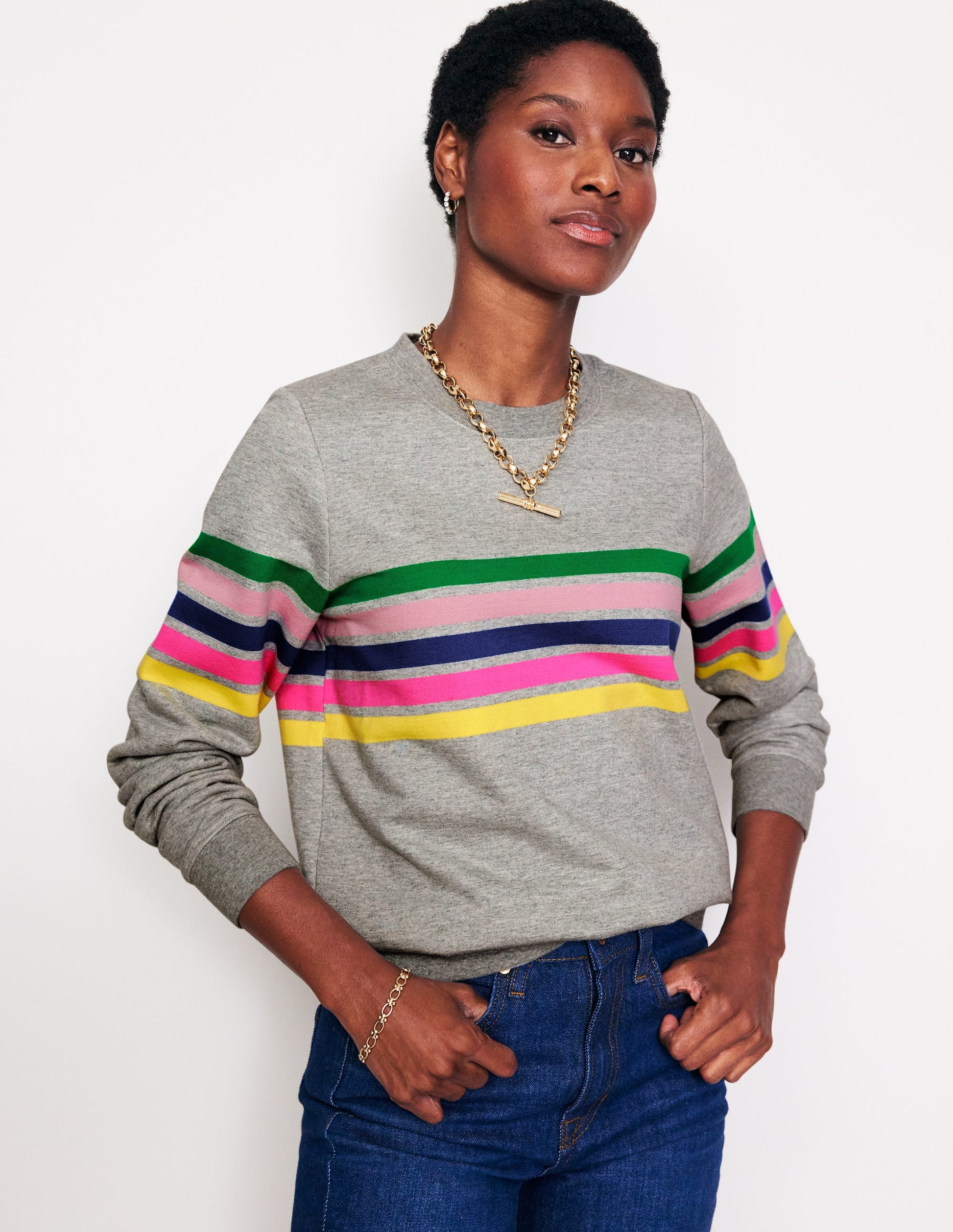 Hannah Sweatshirt mit Print-Grau, Bunte Streifen-1