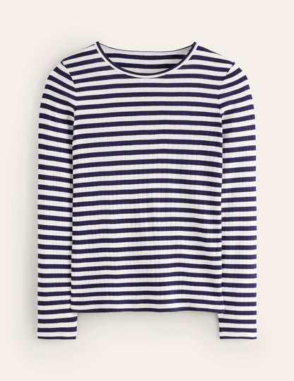 Anna Langarm-T-Shirt aus Rippstrick-Französisches Navy/Naturweiß, Gestreift-5