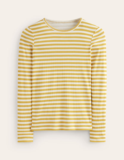 Anna Langarm-T-Shirt aus Rippstrick-Ölgelb, Naturweiß Gestreift-5