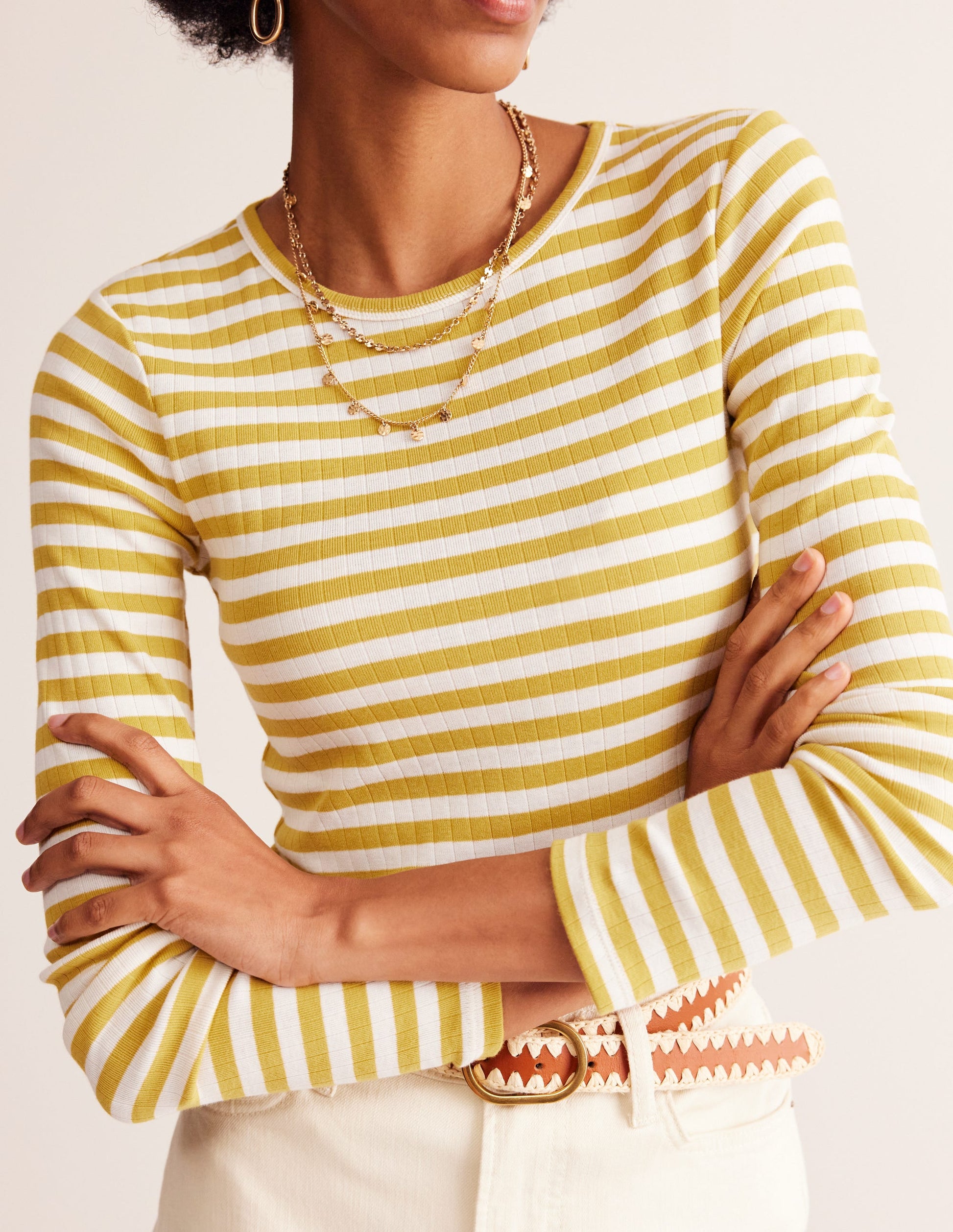 Anna Langarm-T-Shirt aus Rippstrick-Ölgelb, Naturweiß Gestreift-2