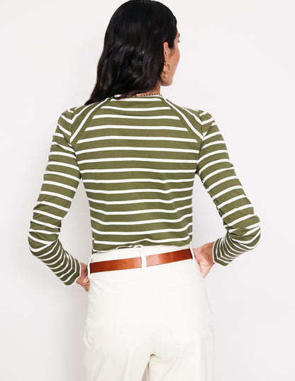 Arabella Gestreiftes Jerseyoberteil-Khaki, Naturweiß Streifen-3