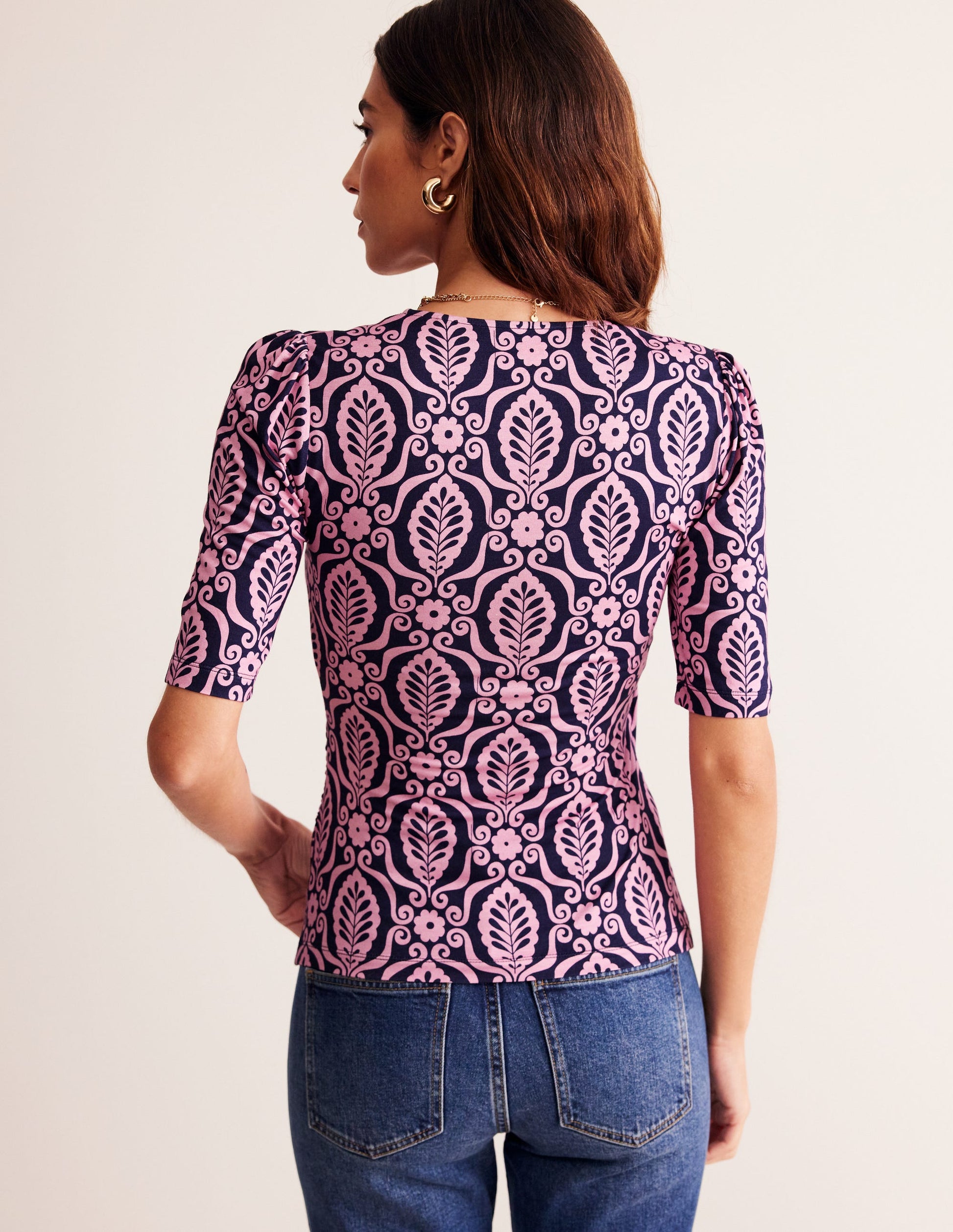 Top croisé en jersey-Vieux rose, motif Foliage Stamp-3