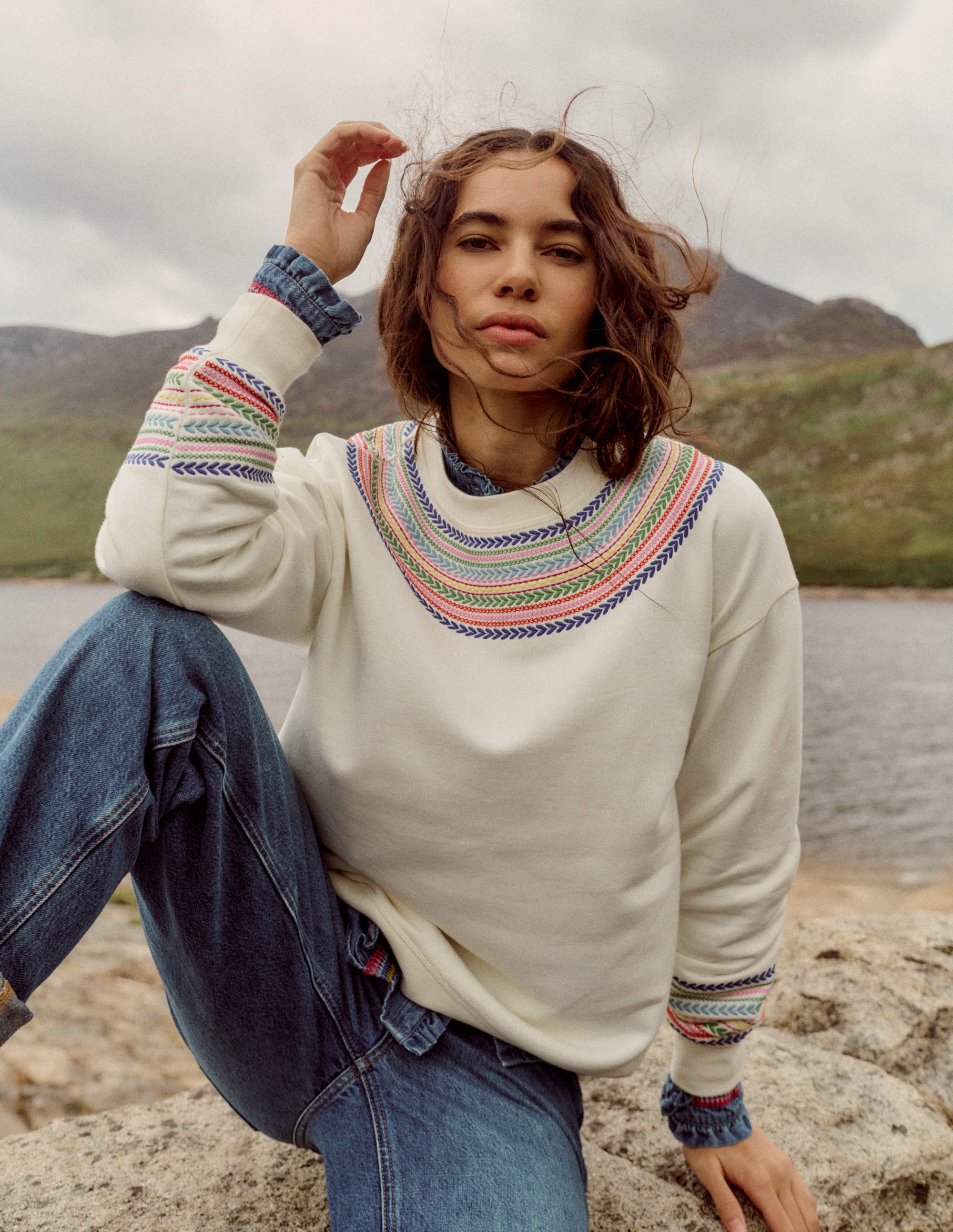 Emi Embroidered Sweatshirt-Ivory, Multi Fairisle - Image 5
