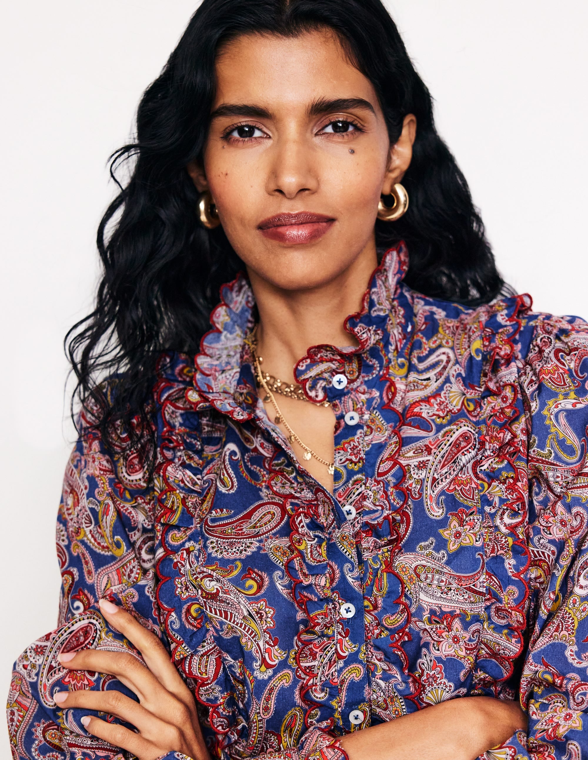 Blouse volantée en coton-Bleu marine authentique, motif Opulent Paisley - Image 2