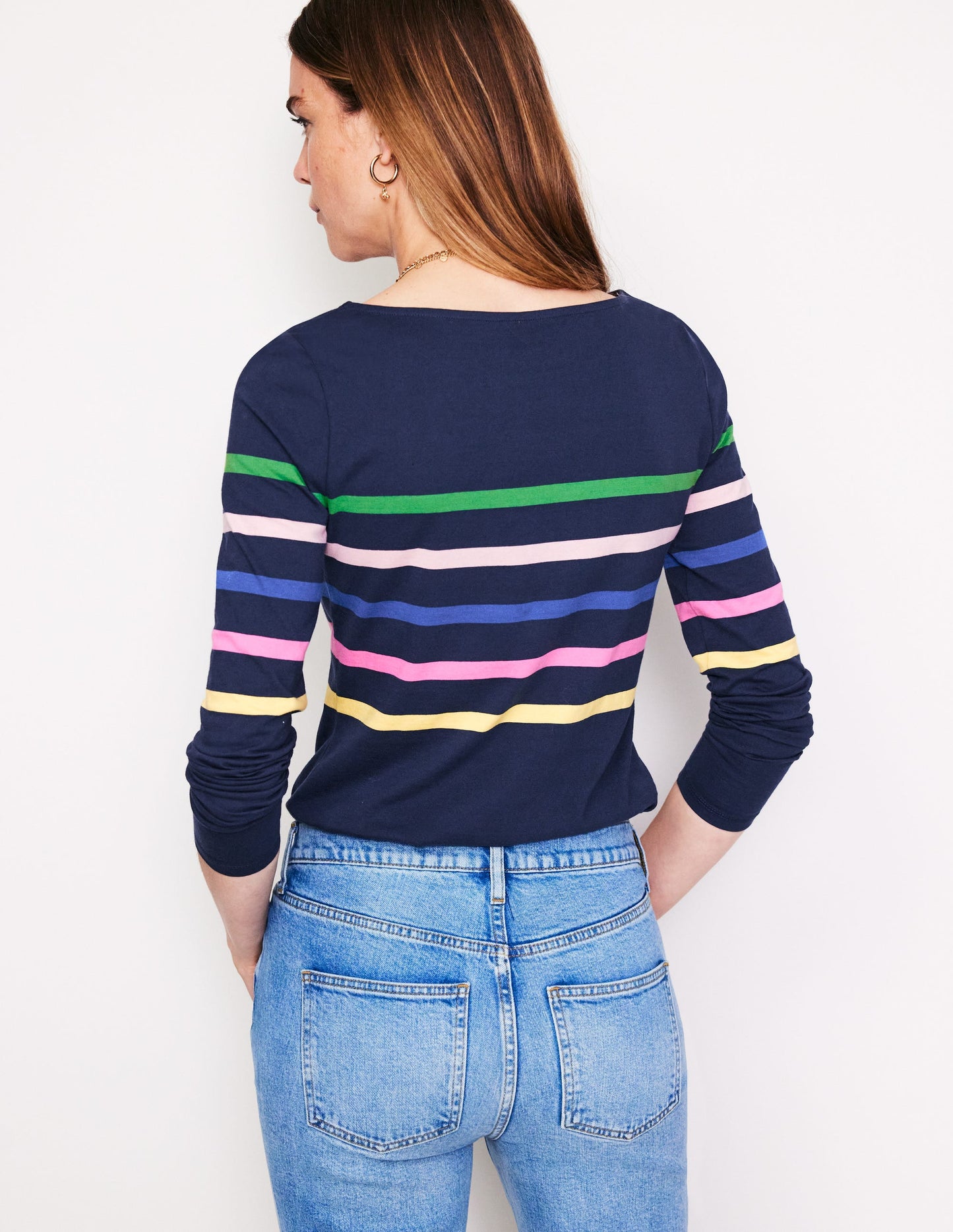 Ella Long Sleeve Breton-French Navy and Rainbow