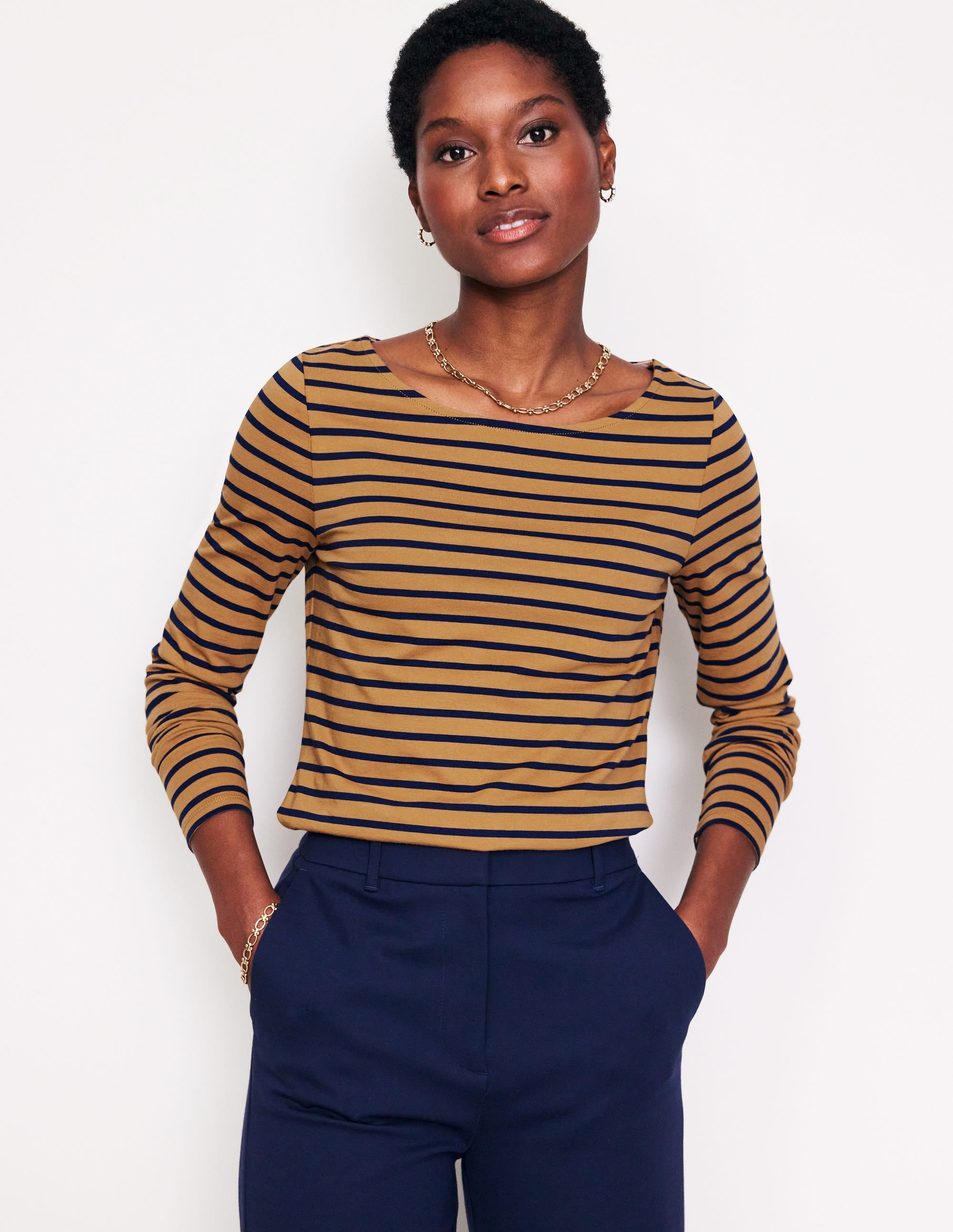 Ella Breton-Shirt mit langen Ärmeln-Kamelbraun, Französisches Marineblau Streifen - Image 1