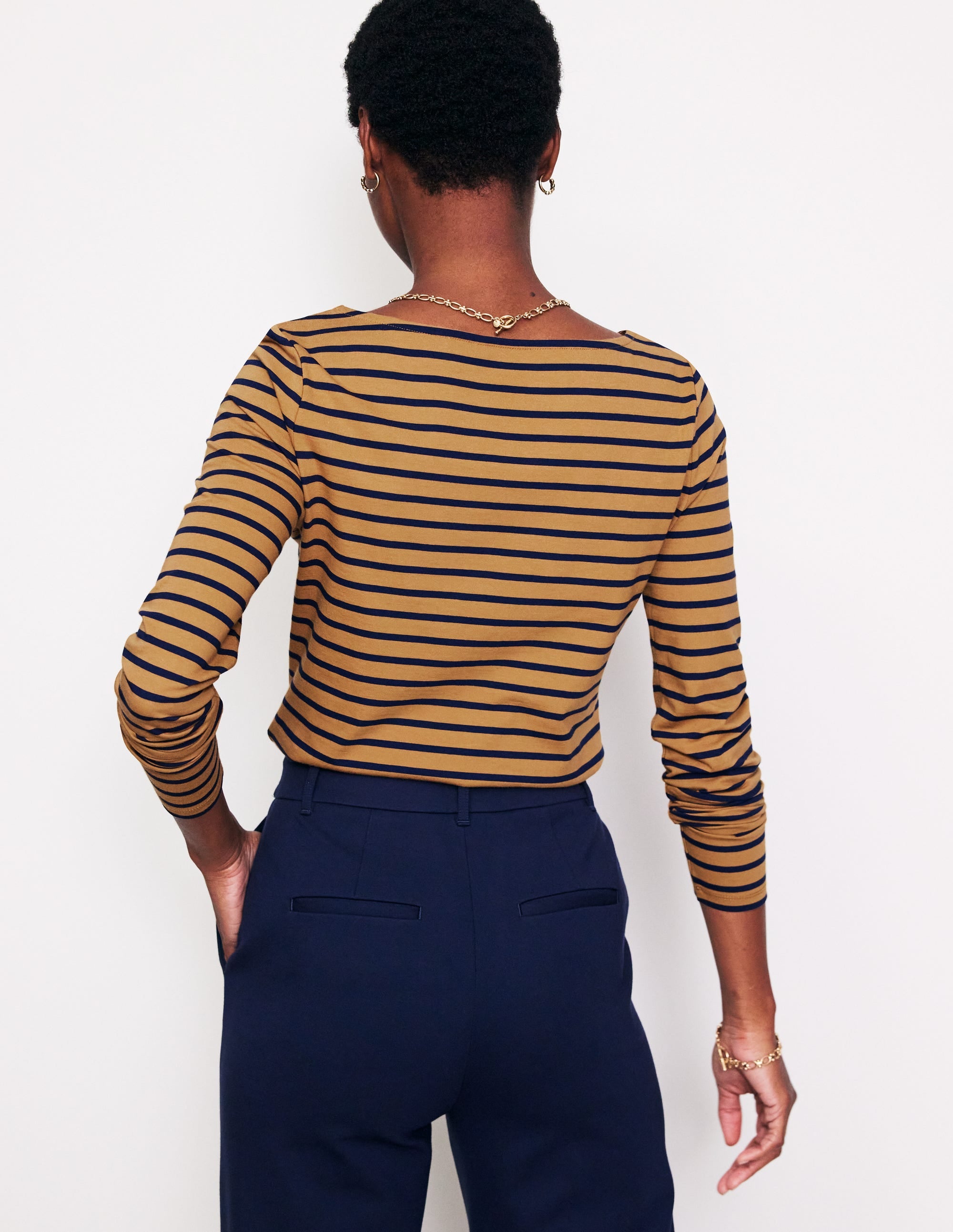 Ella Breton-Shirt mit langen Ärmeln-Kamelbraun, Französisches Marineblau Streifen - Image 3