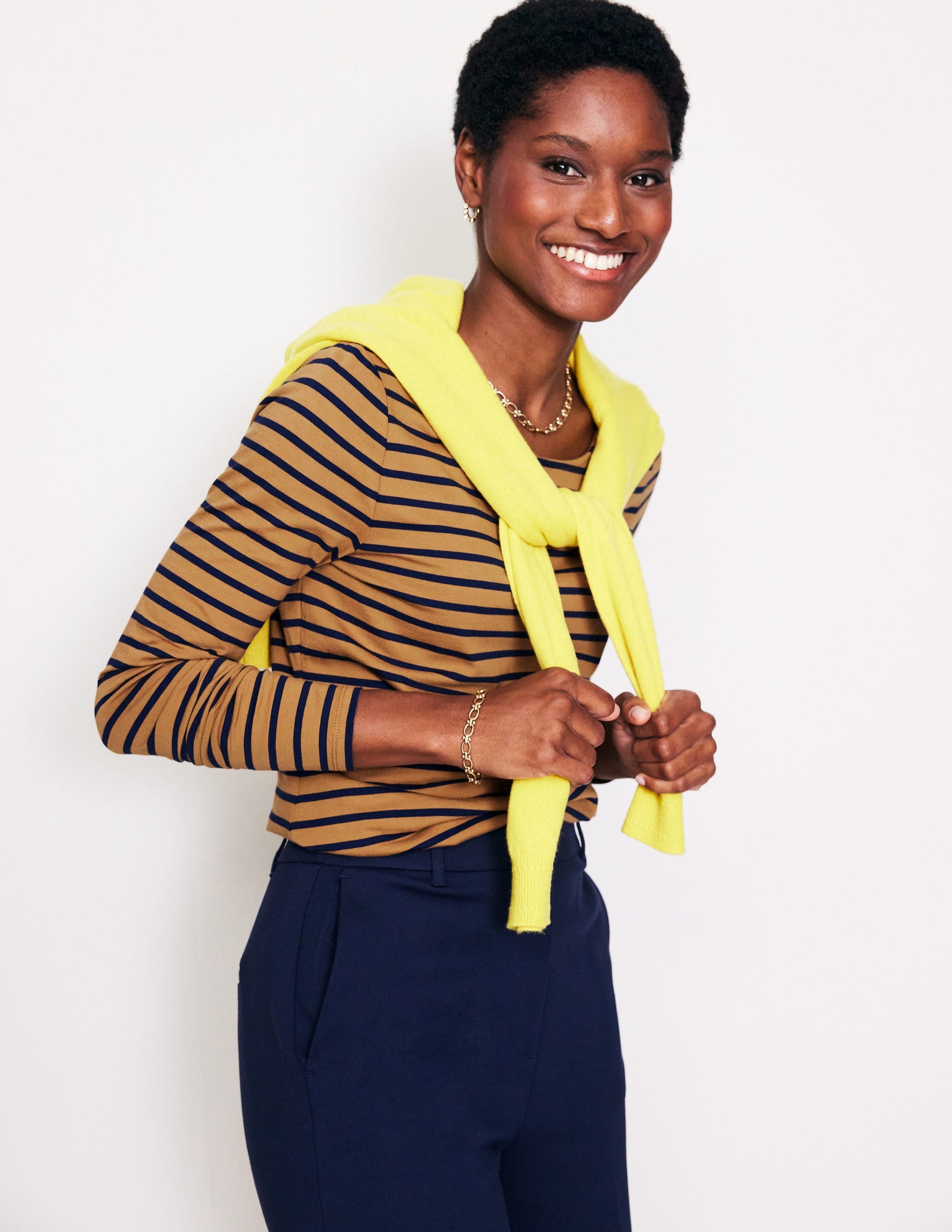 Ella Breton-Shirt mit langen Ärmeln-Kamelbraun, Französisches Marineblau Streifen-4