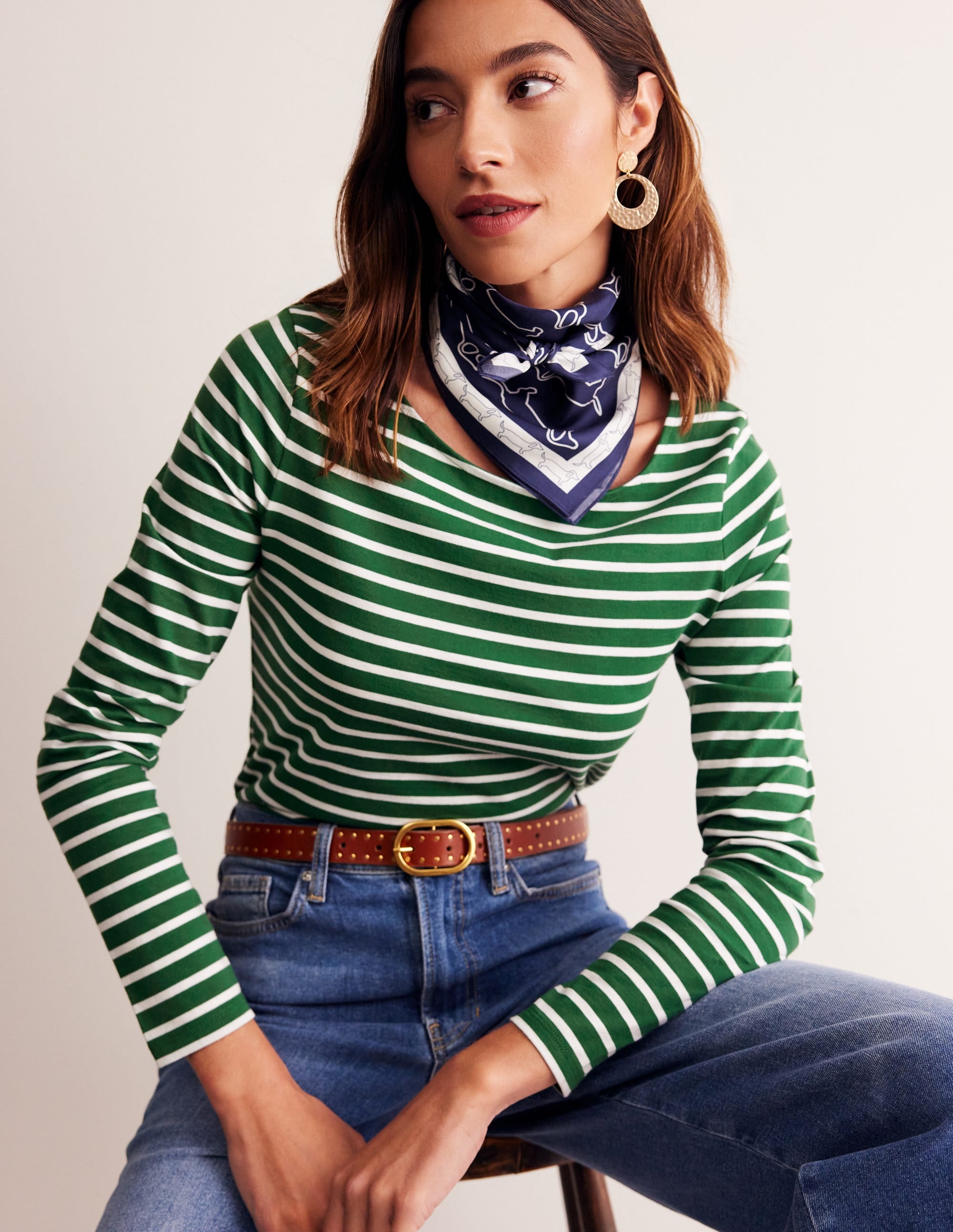 Ella Breton-Shirt mit langen Ärmeln-Piniengrün, Naturweiß Streifen - Image 1