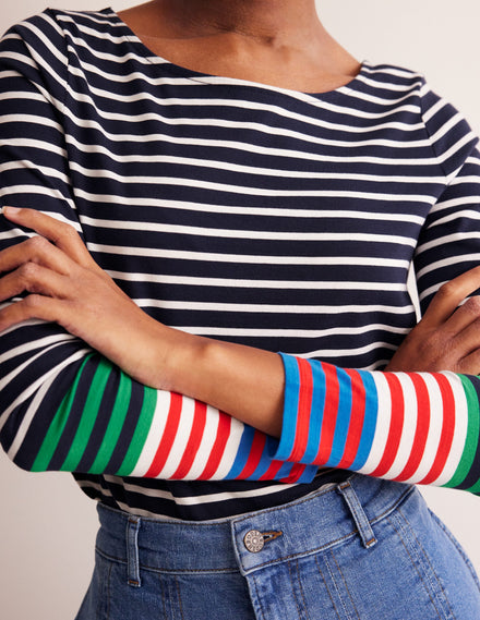 Ella Breton-Shirt mit langen Ärmeln-Französisches Marineblau, Naturweiß Bunte Manschetten