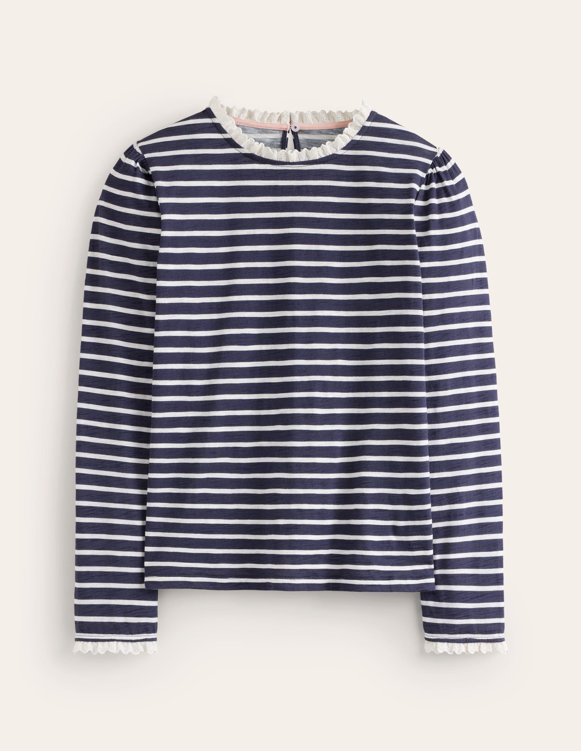 Top à broderie anglaise et volants-Bleu marine, rayé ivoire - Image 5