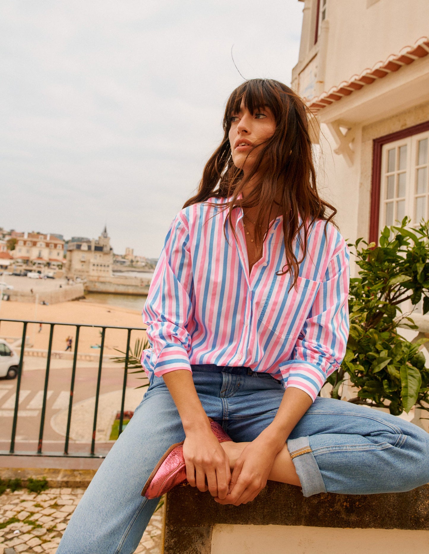 Chemise décontractée Connie en coton-Bleu et rose fluo