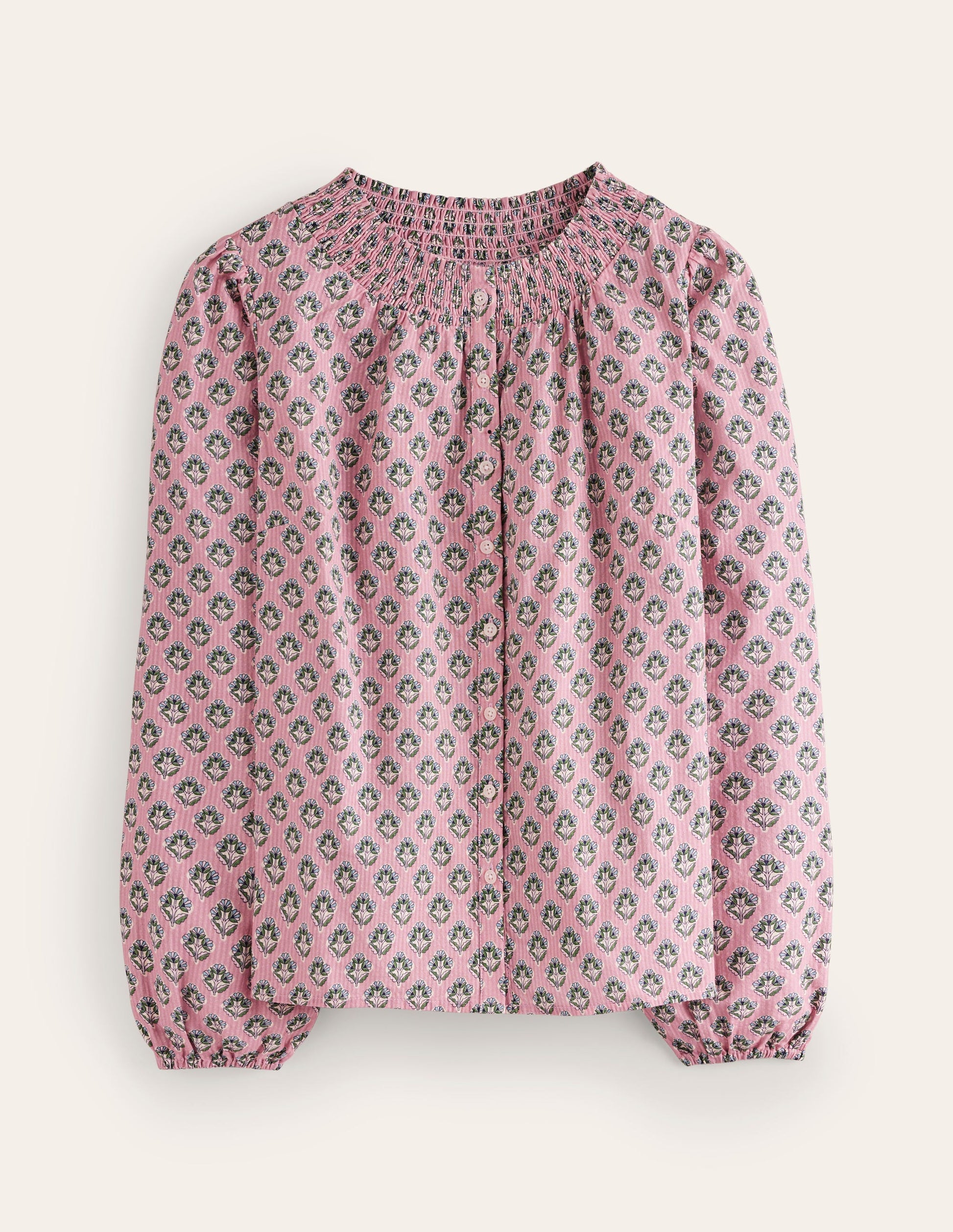 Mae Gesmokte Baumwollbluse-Vintage-Rosa, Obststempel-5