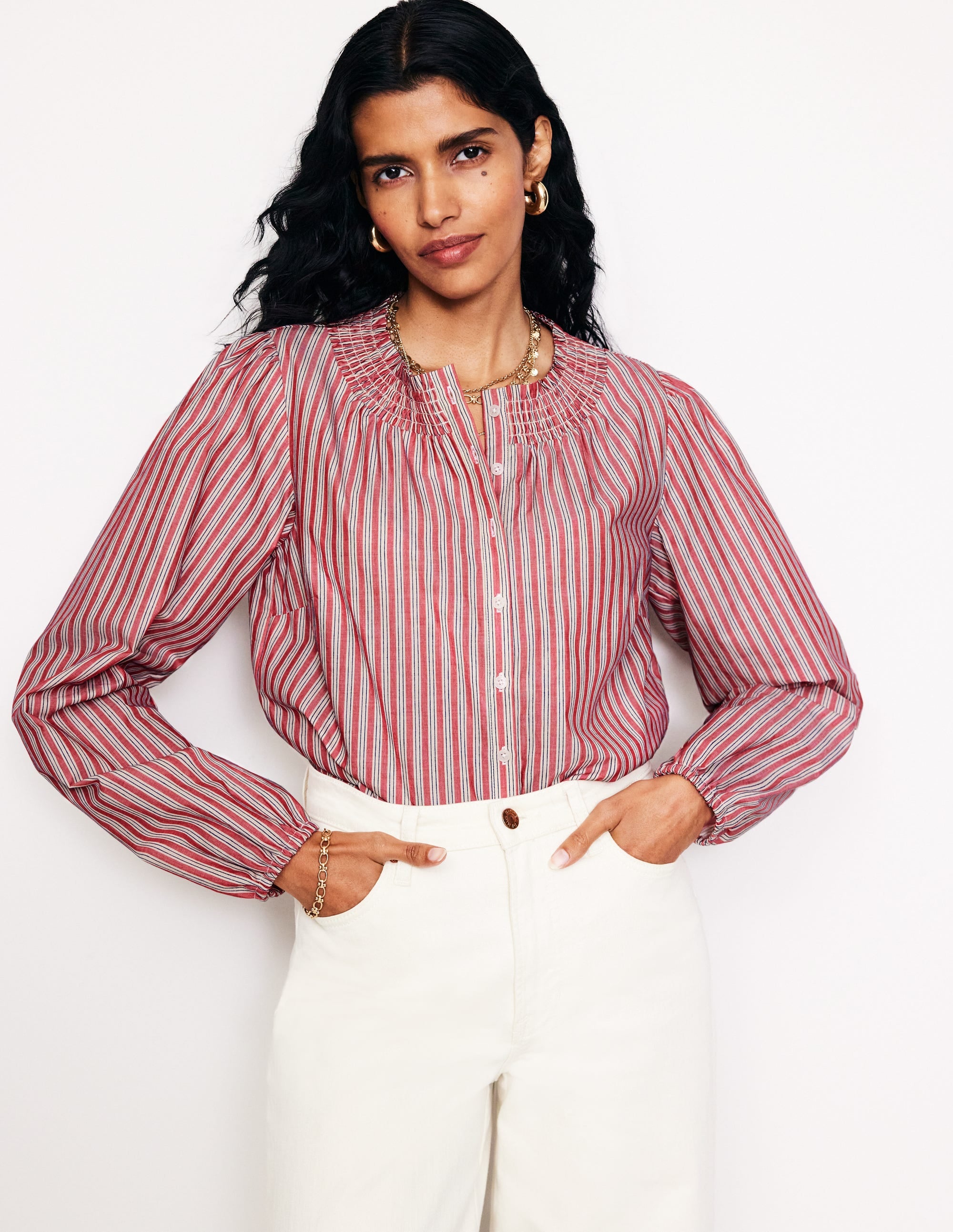 Blouse Mae en coton à smocks-Rayé Rouge - Image 1