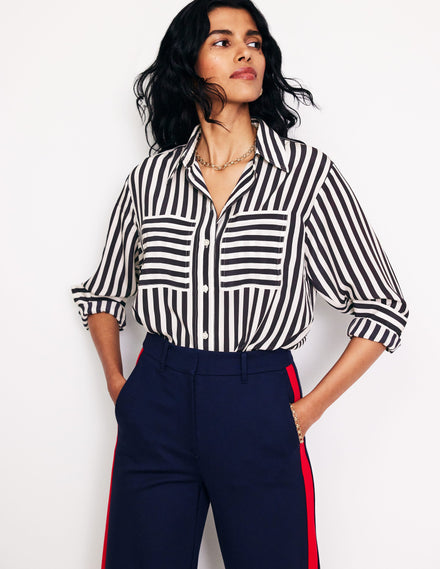 Connie Relaxed Silk Shirt-Navy Stripe