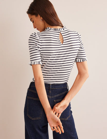 Supersoft Frill Detail T-shirt-Ivory, Navy Stripe