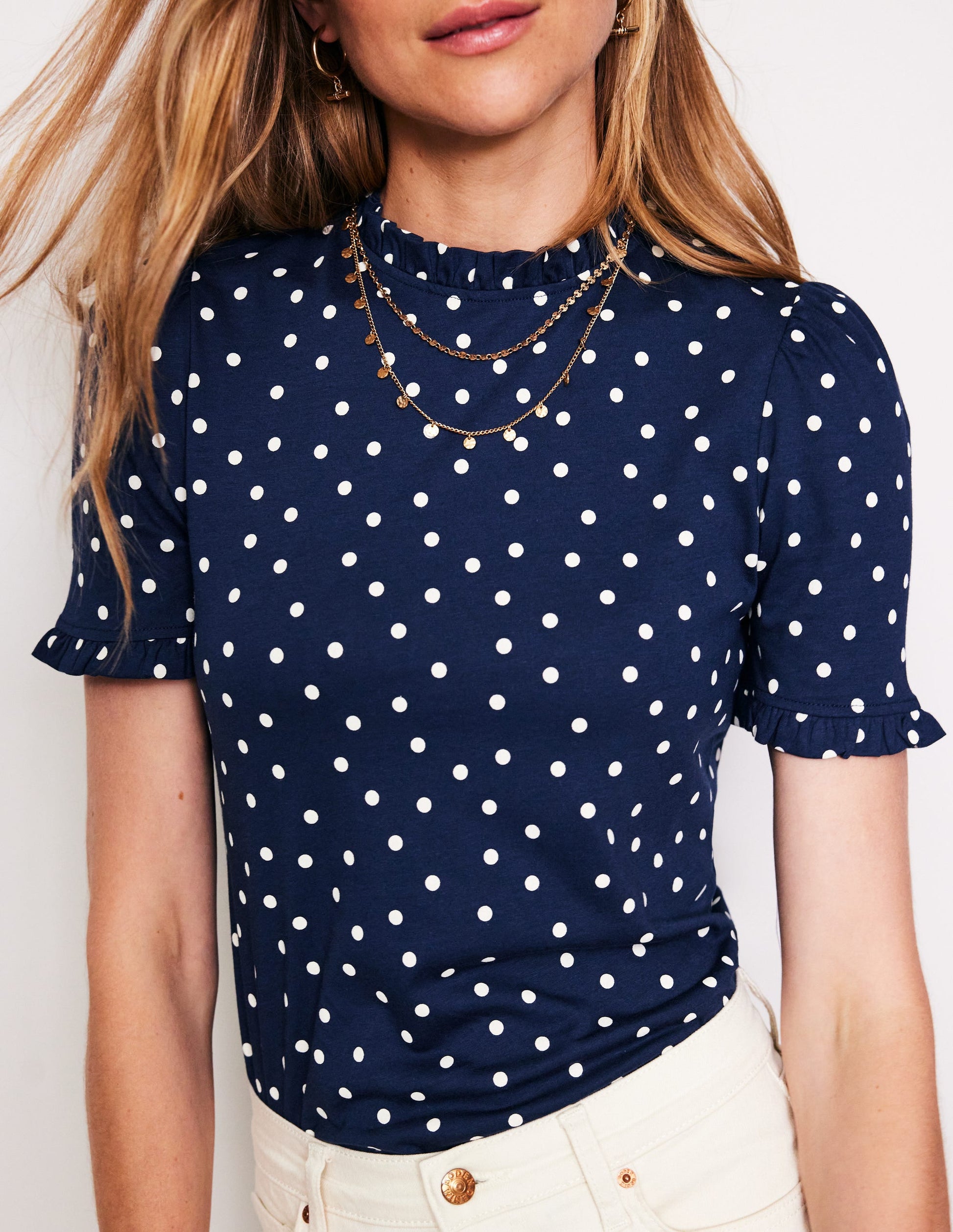 Superweiches T-Shirt mit Rüschendetail-Marineblau, Einzelne Punkte-2
