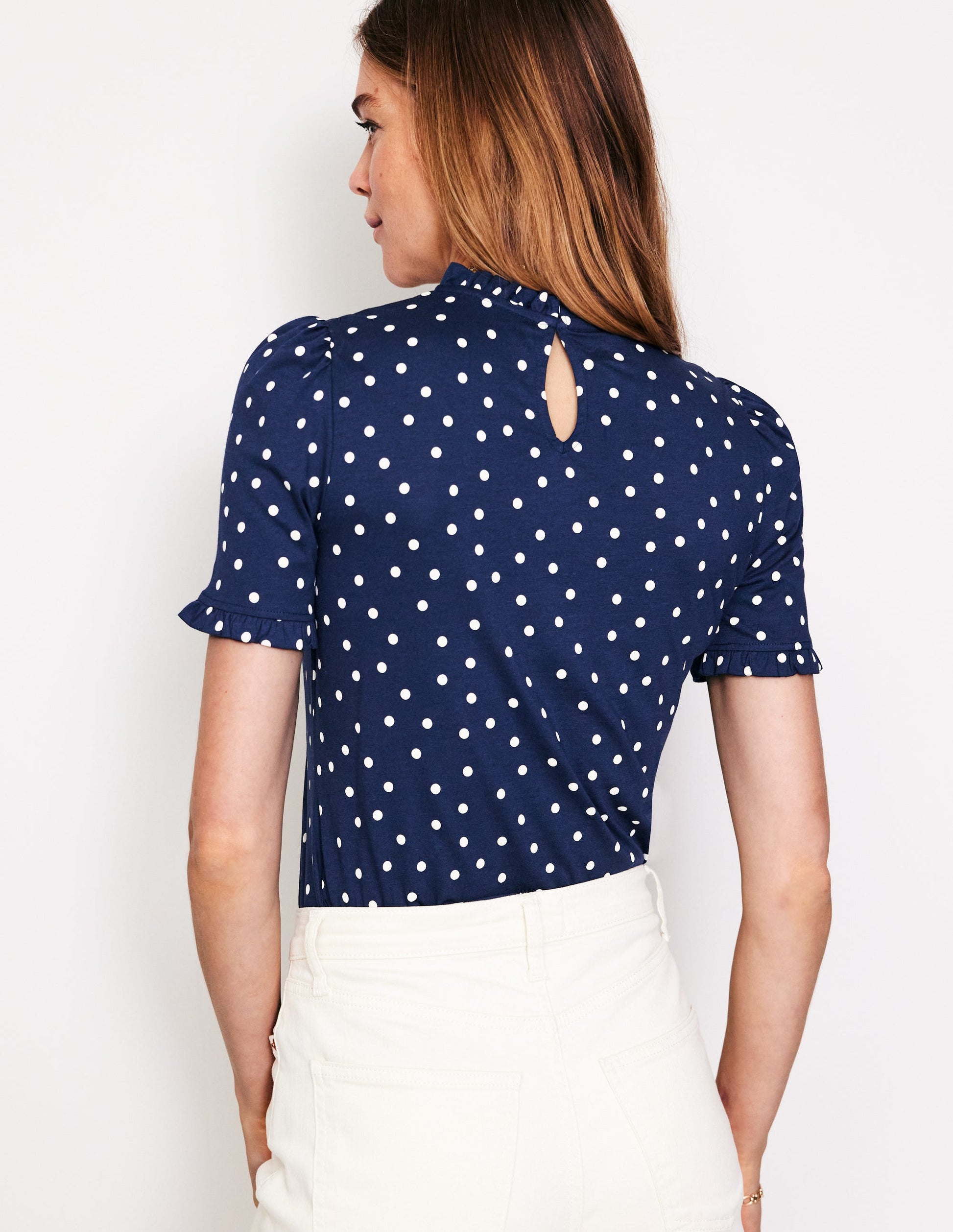 Superweiches T-Shirt mit Rüschendetail-Marineblau, Einzelne Punkte-3