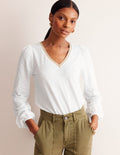Metallic Trim Long Sleeve Top-White