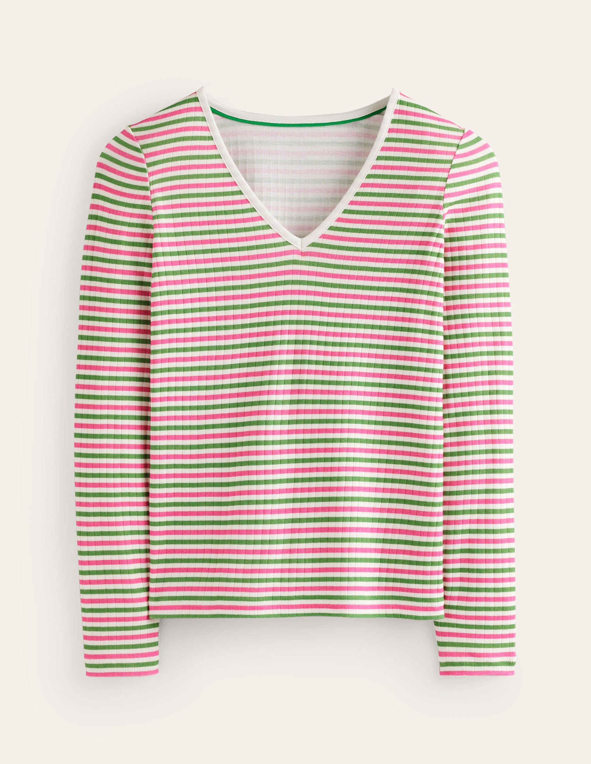 Anna T-Shirt aus Rippstrick mit V-Ausschnitt-Grün, Rosa Streifen-5