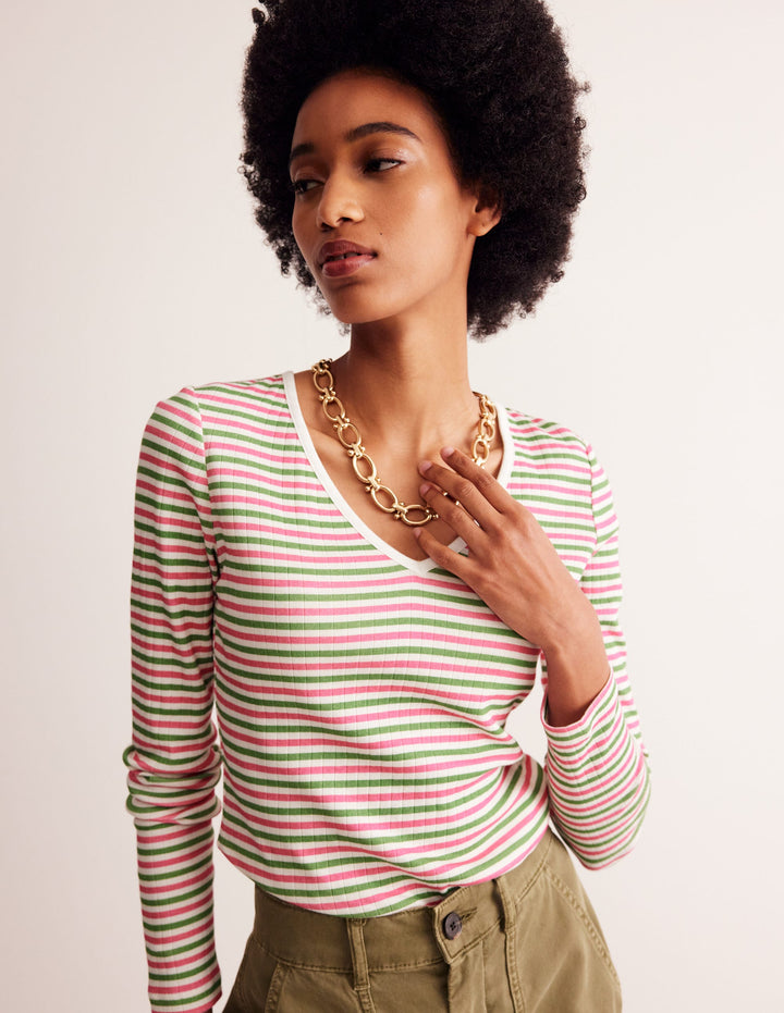 Anna T-Shirt aus Rippstrick mit V-Ausschnitt-Grün, Rosa Streifen