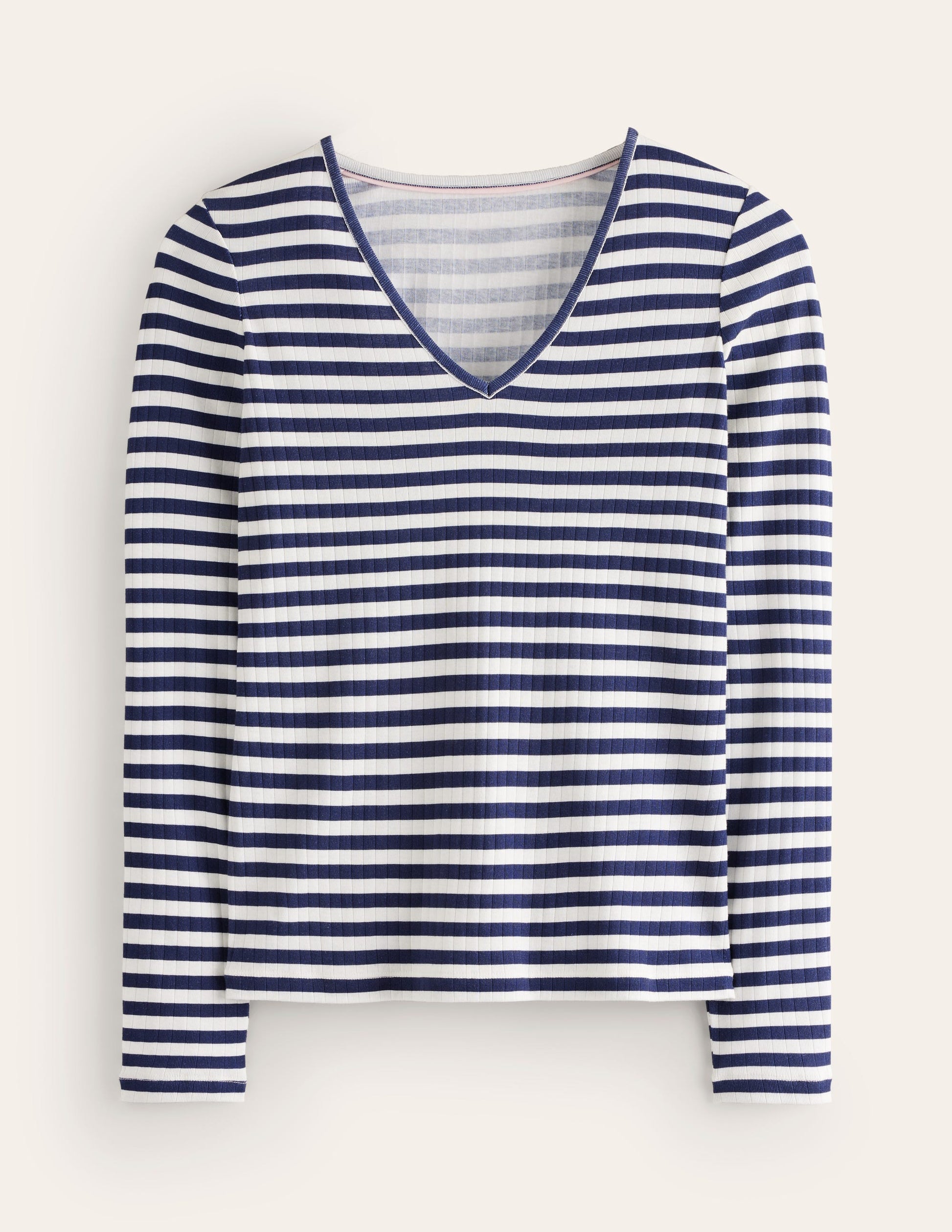 Anna T-Shirt aus Rippstrick mit V-Ausschnitt-Naturweiß/Navy, Gestreift-5