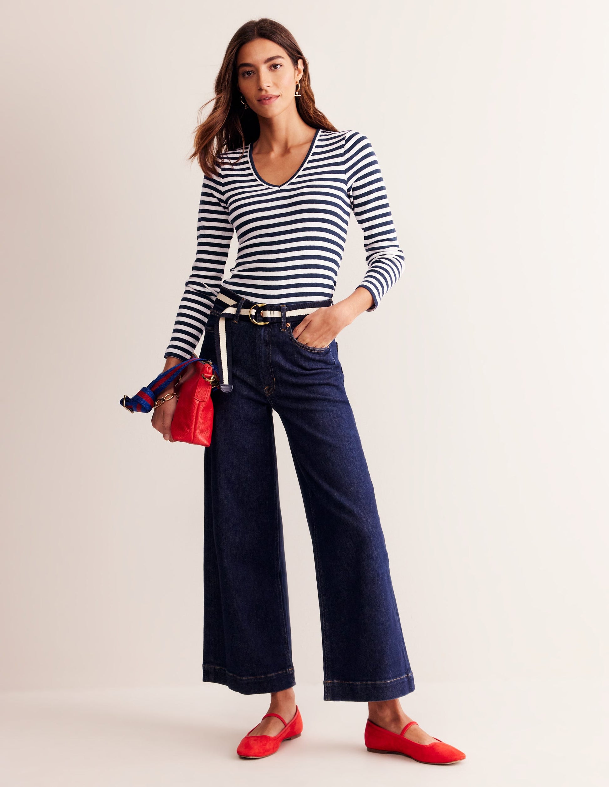 Anna T-Shirt aus Rippstrick mit V-Ausschnitt-Naturweiß/Navy, Gestreift-4