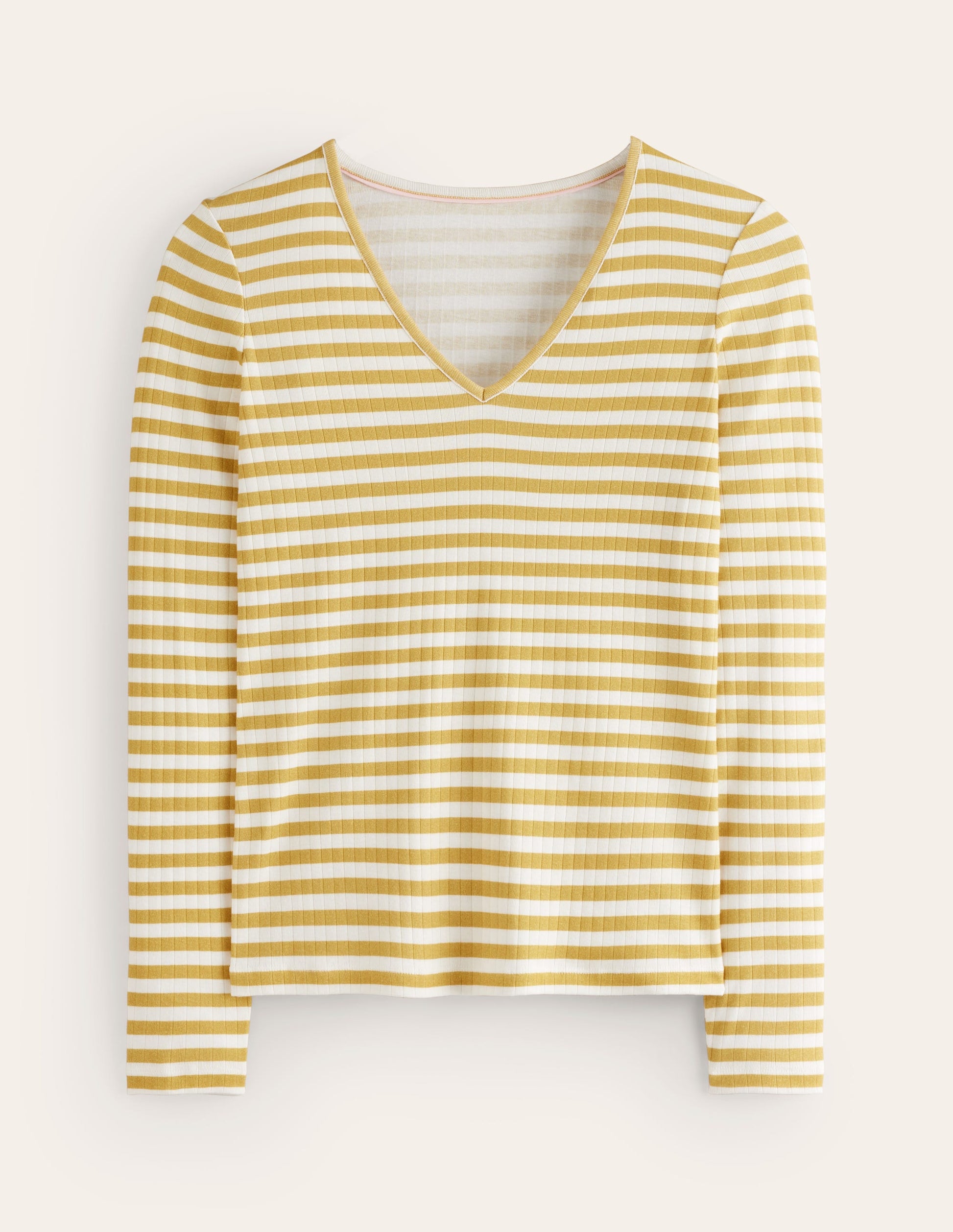Anna T-Shirt aus Rippstrick mit V-Ausschnitt-Gelb, Naturweiß Gestreift-5