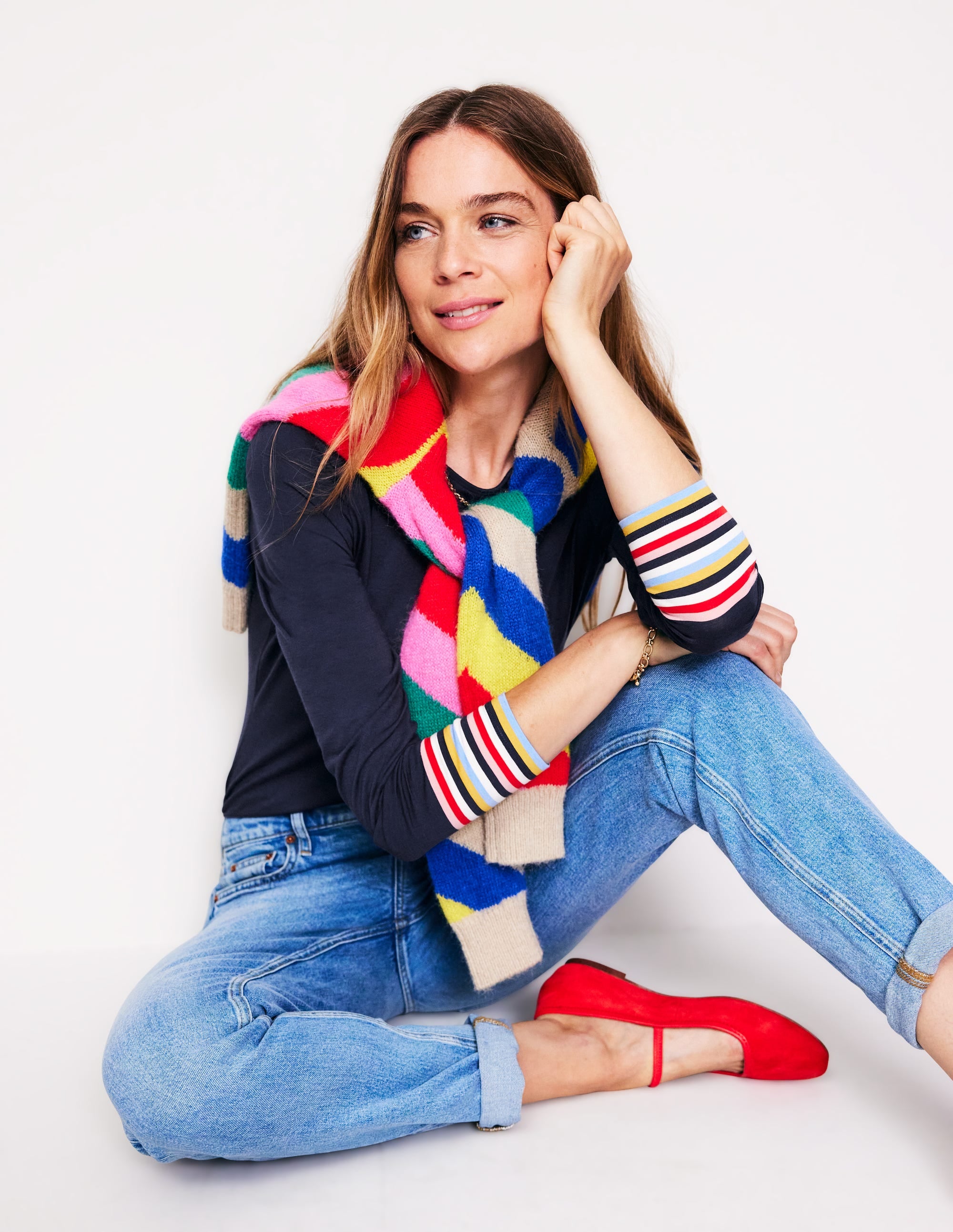 Supersoft Crew Neck Top-French Navy Multi Cuff Stripe - Image 1