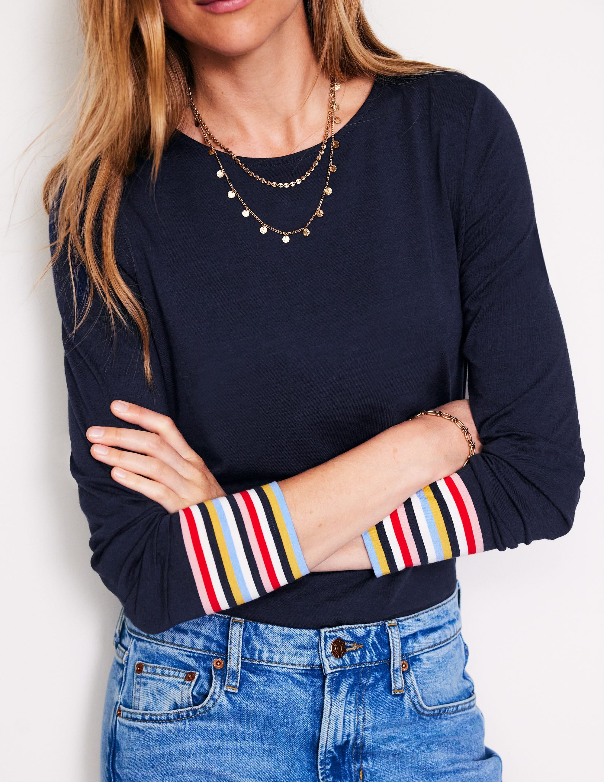 Supersoft Crew Neck Top-French Navy Multi Cuff Stripe - Image 2