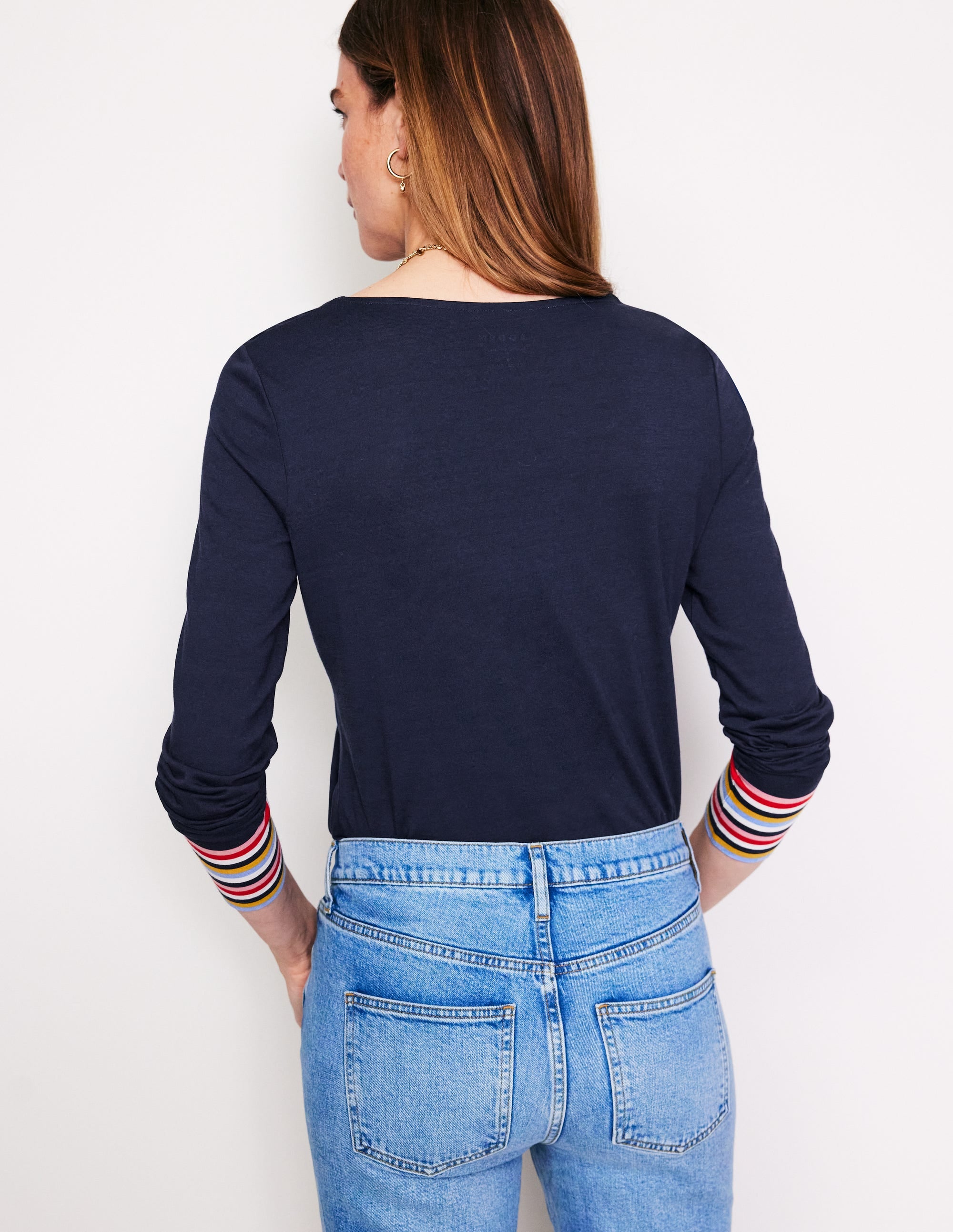 Supersoft Crew Neck Top-French Navy Multi Cuff Stripe - Image 3