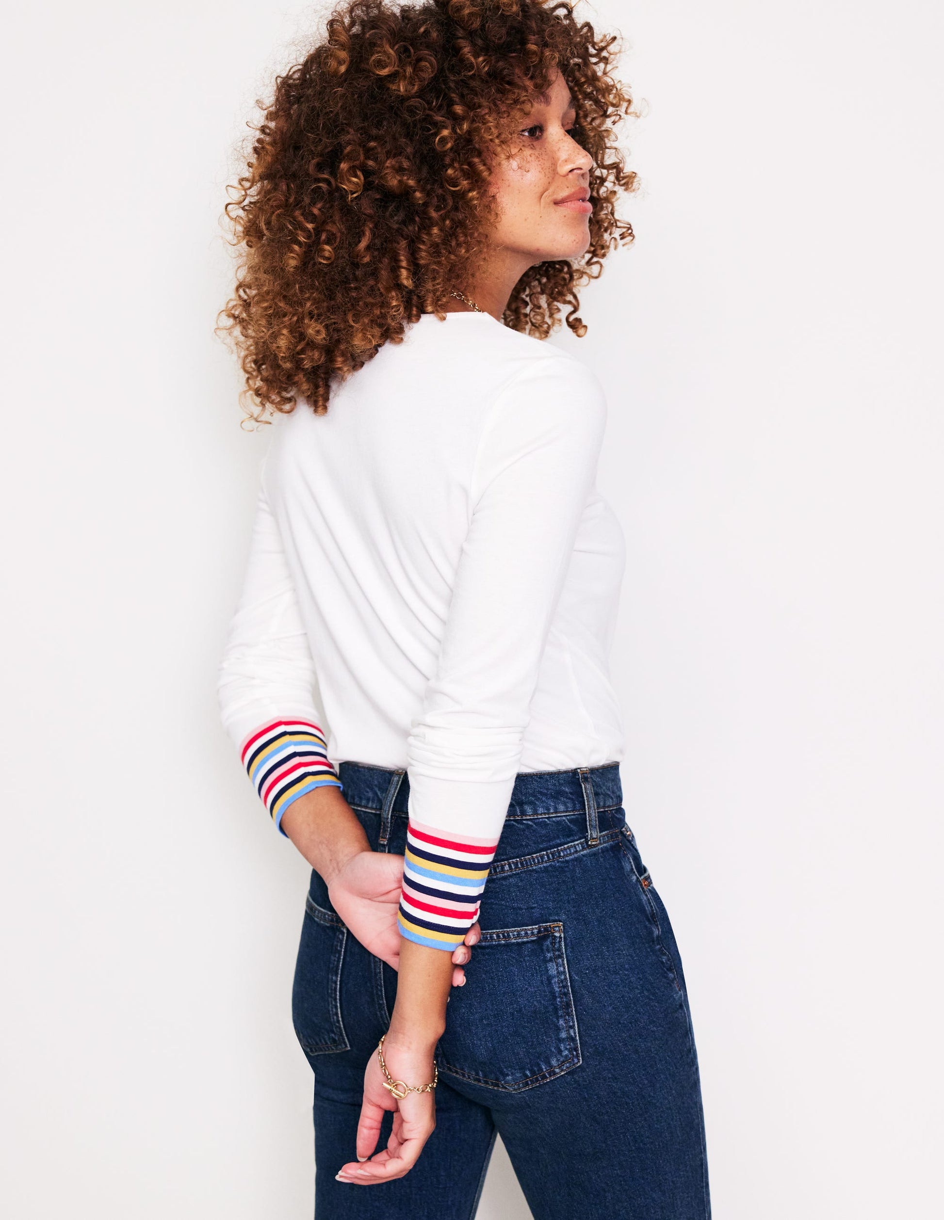 Top à col rond ultra-doux-Poignet rayé multi blanc-3
