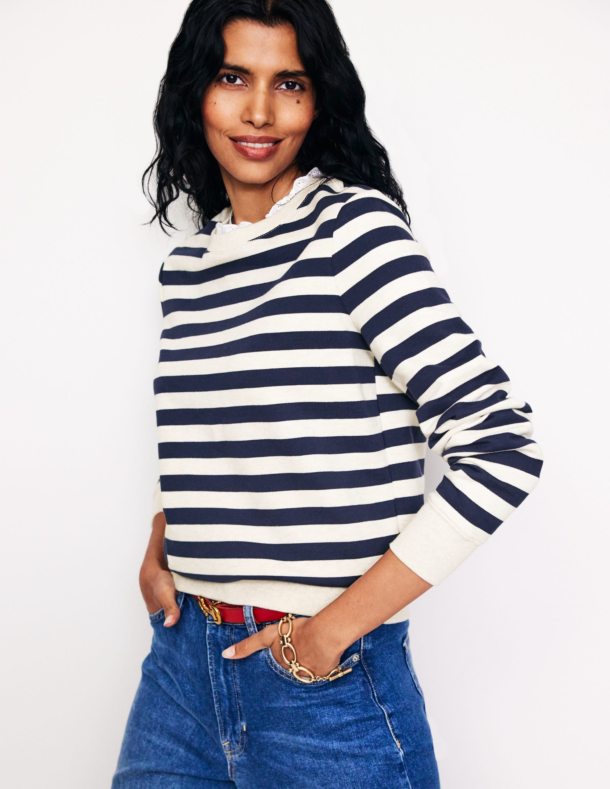 Sweatshirt mit Lochstickerei-Marineblau, Grau Meliert Gestreift - Image 1