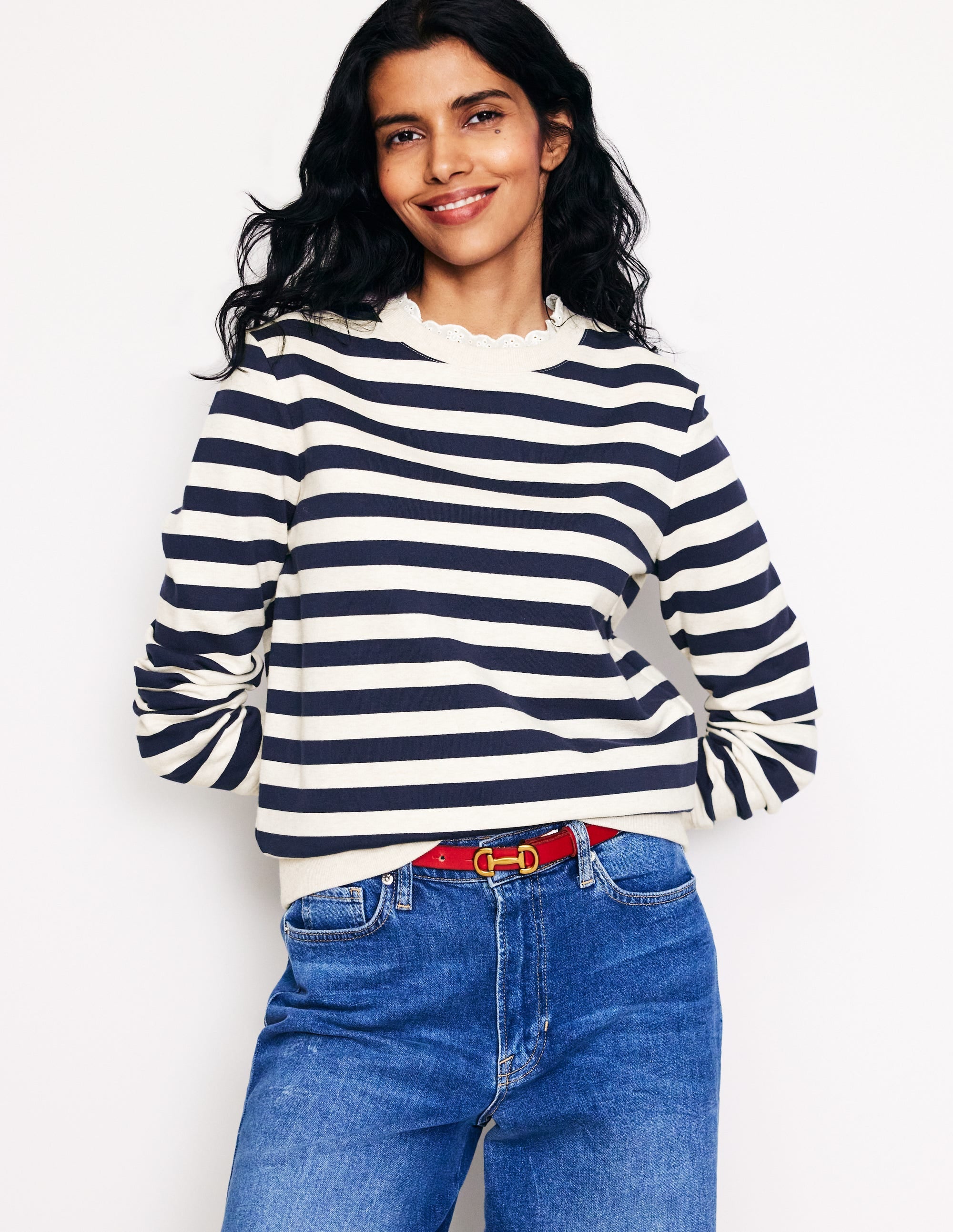 Sweatshirt mit Lochstickerei-Marineblau, Grau Meliert Gestreift - Image 4